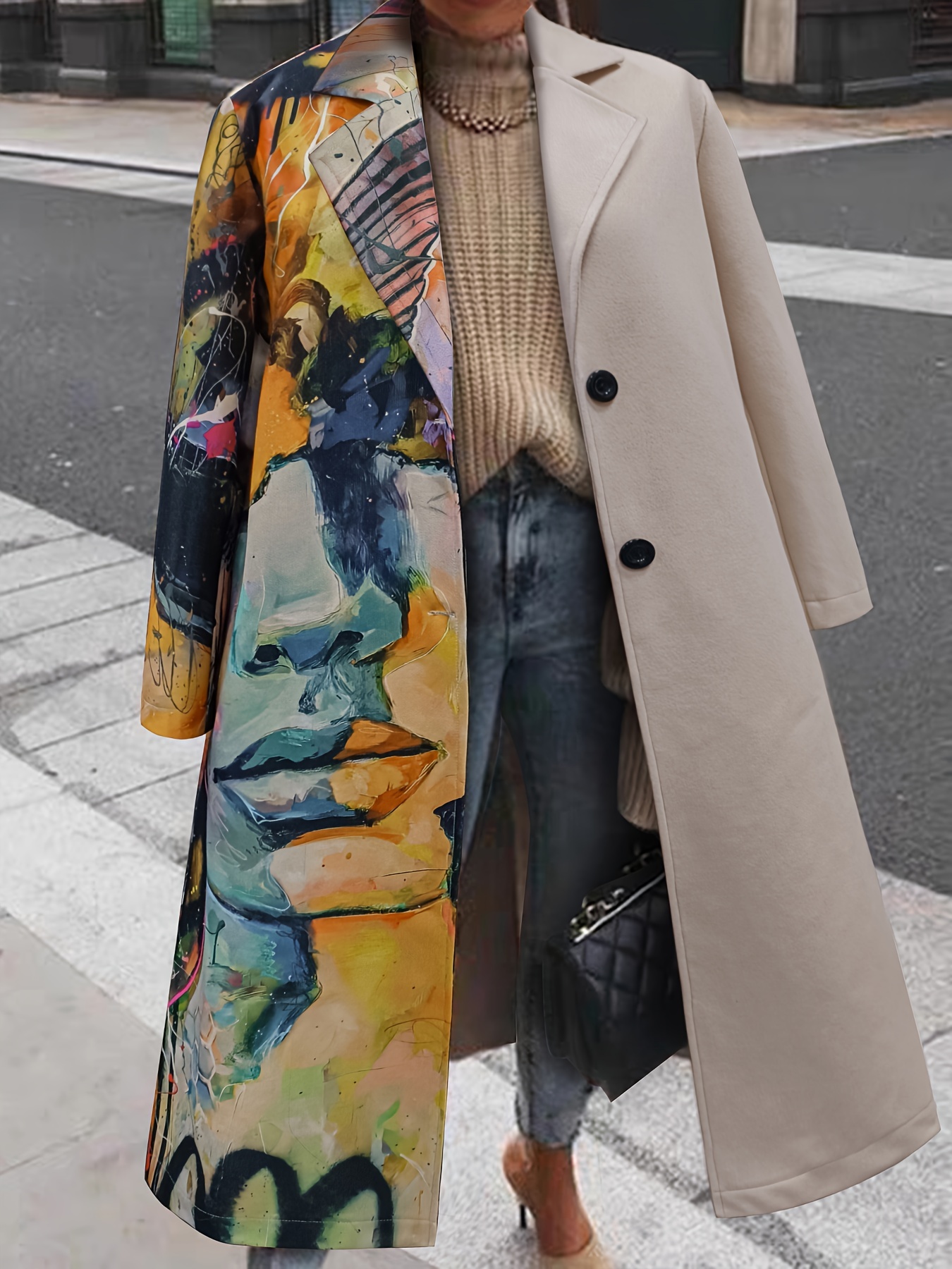 Vintage Floral Pattern Trench Coat, Elegant Double Breasted Long Sleeve  Outerwear, Women's Clothing