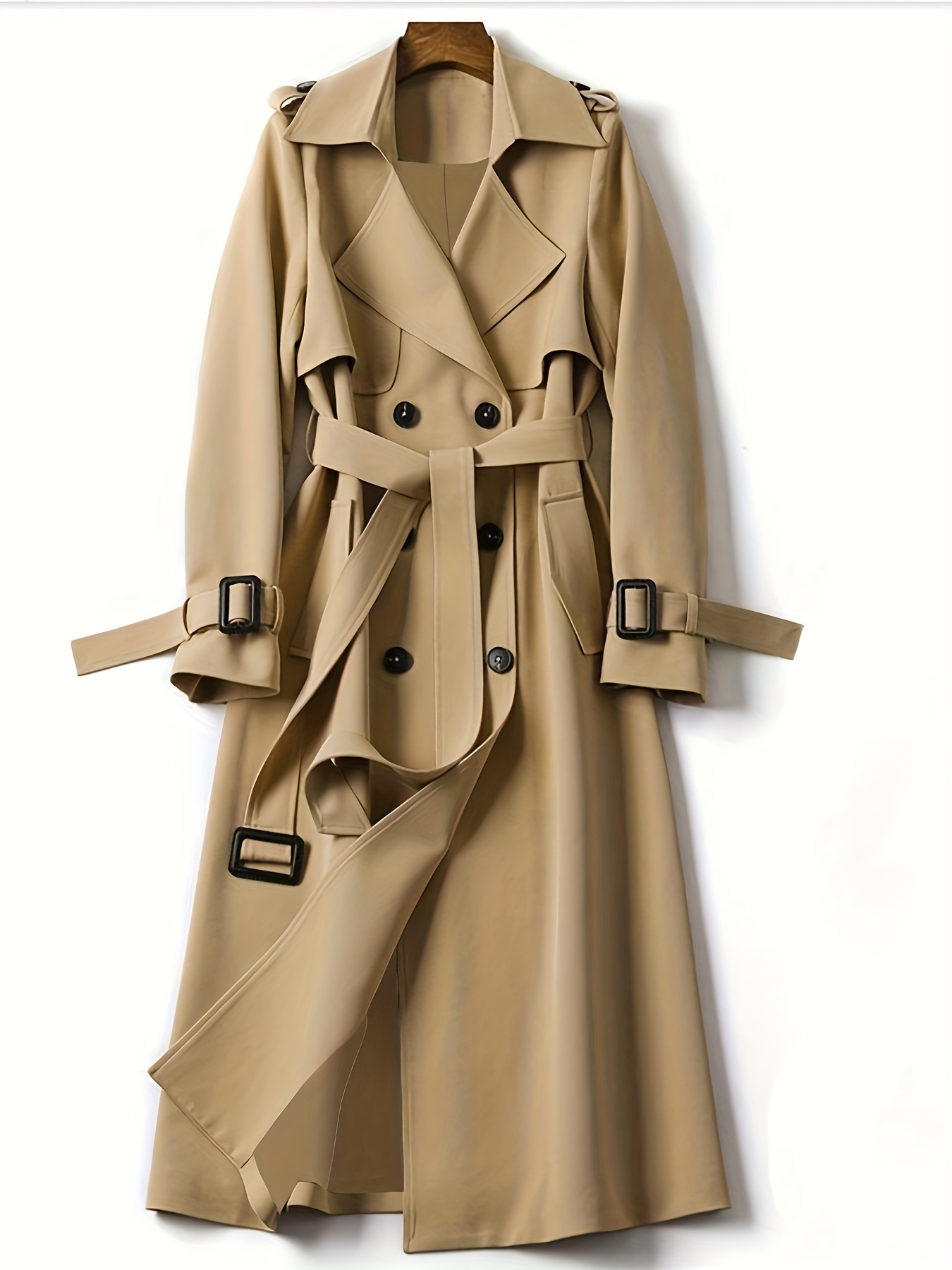  Women Trench Coat Elegant Outerwear Double Breasted Long Sleeve  Lapel Belted Trench Casual Autumn Long Coat (Color : Khaki, Size : Small) :  Clothing, Shoes & Jewelry