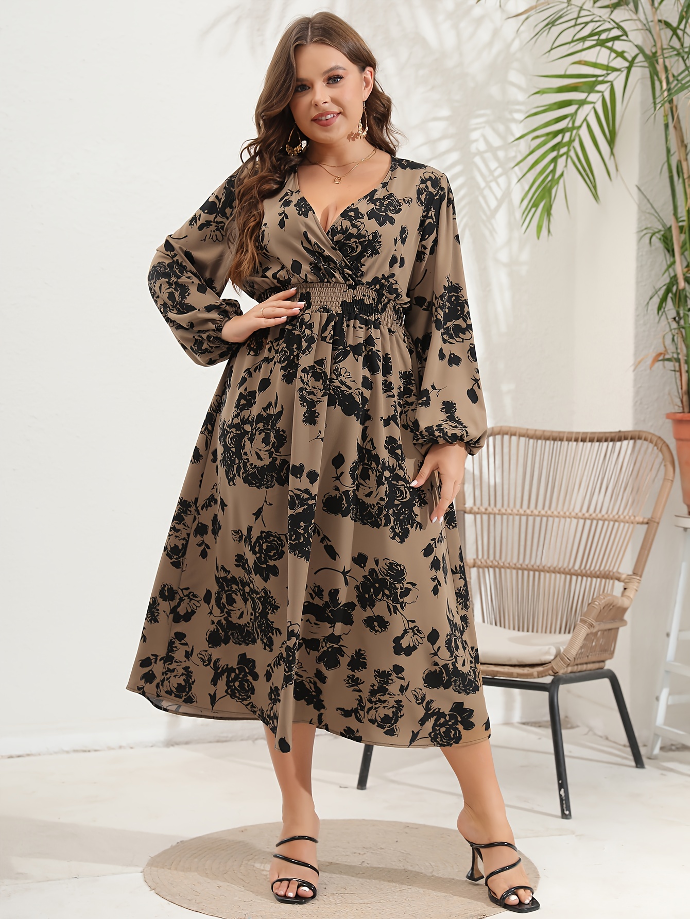 Plus Size Boho Dress, Women's Plus Southwestern Print Long Sleeve Round  Neck Slight Stretch Maxi Dress