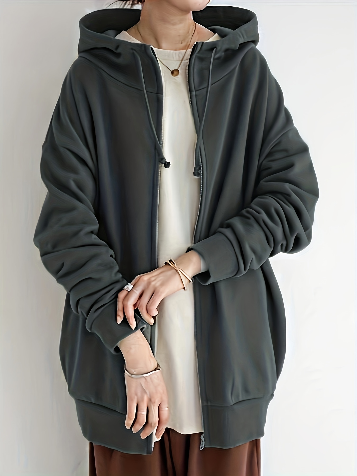 Sudadera gris con cremallera para mujer, chaqueta con capucha de