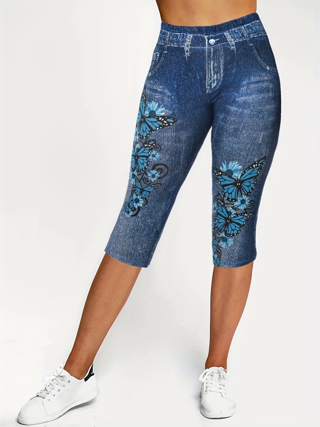 Plus Size Casual Leggings, Women's Plus Denim & Sunflower Print Stretchy  Capri Leggings