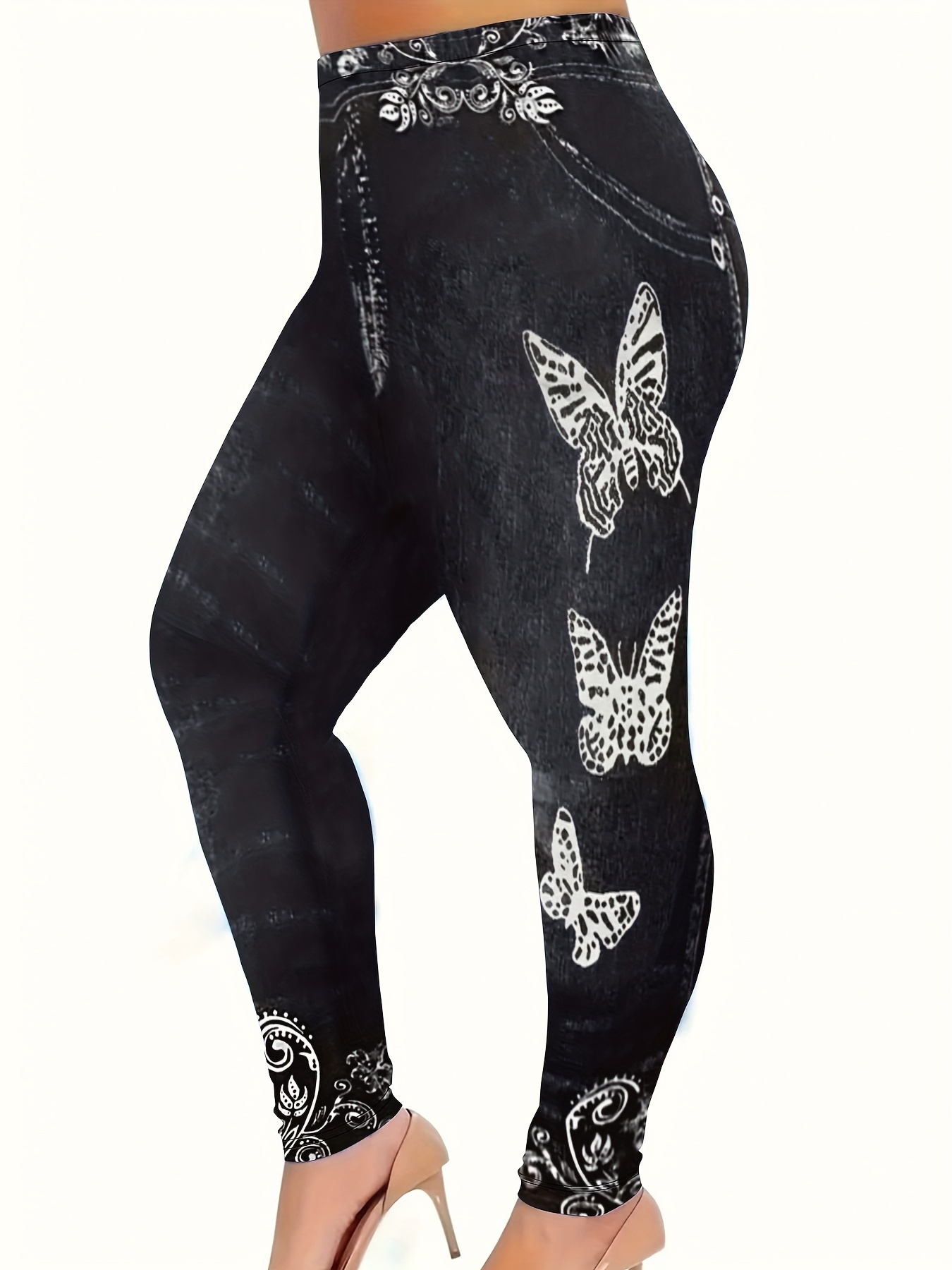 Plus Size Sporty Leggings, Women's Plus Glitter Butterfly Print Elastic  High * Medium Stretch Leggings