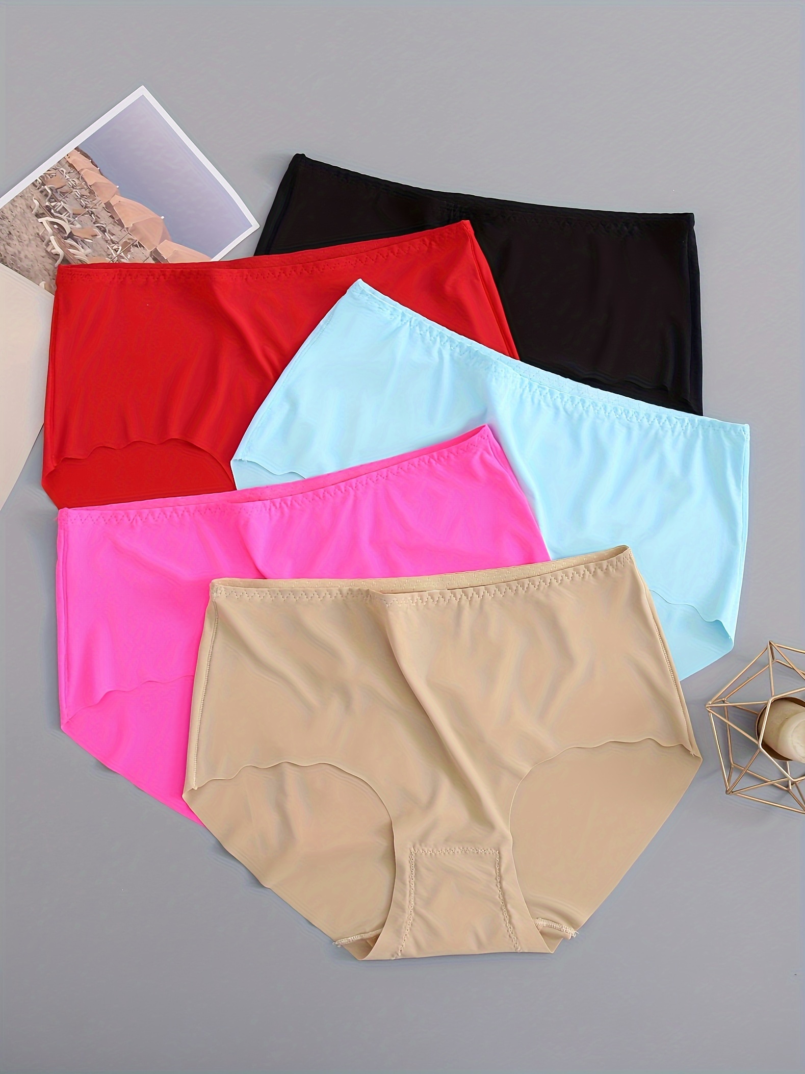 3 Pack Plus Size Solid Soft Seamless Underwear, Women's Plus Slight Stretch  Simple Panties Set