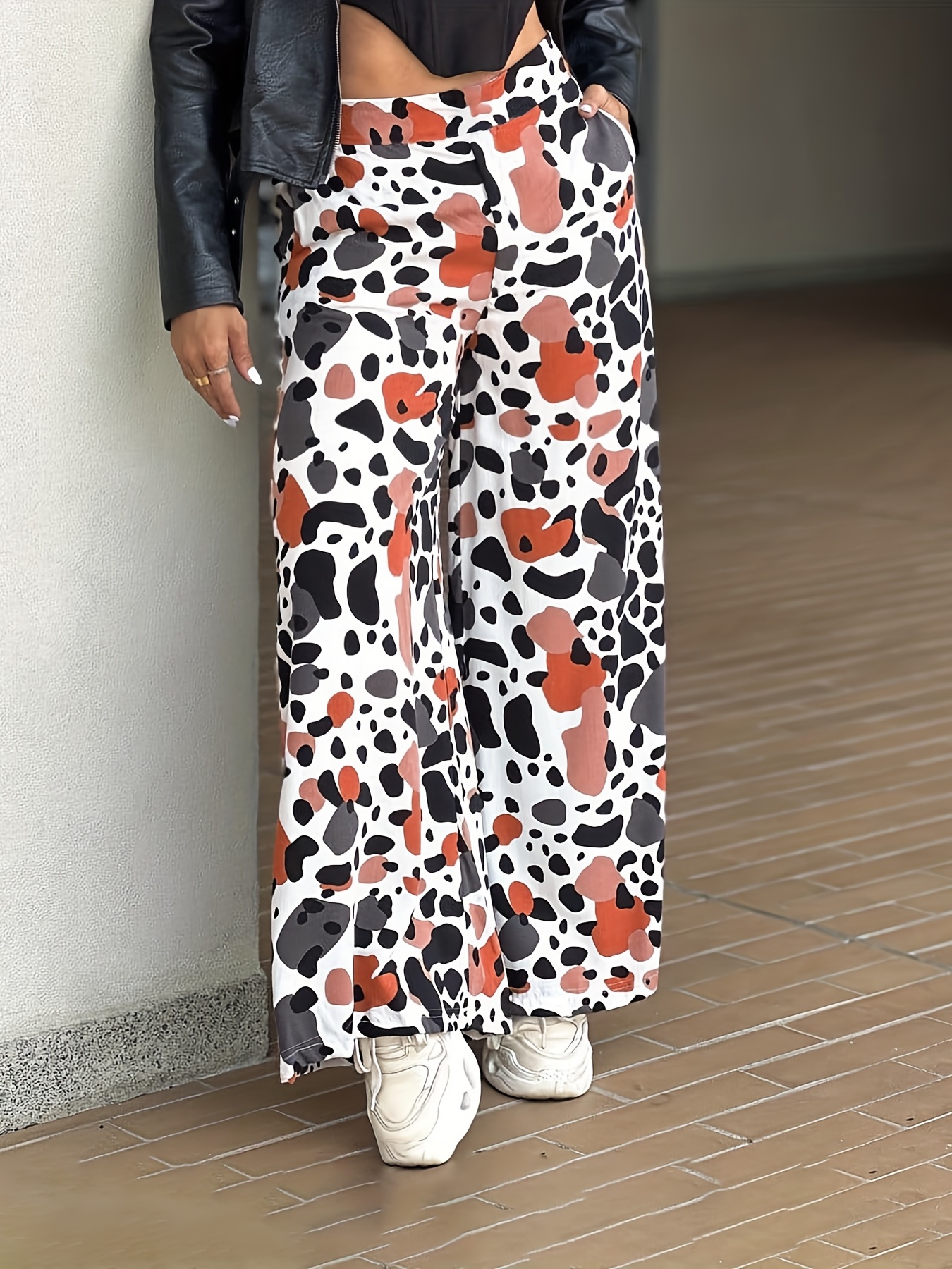 Allover Print Wide Leg Pants Calças De Cintura Alta - Temu Portugal