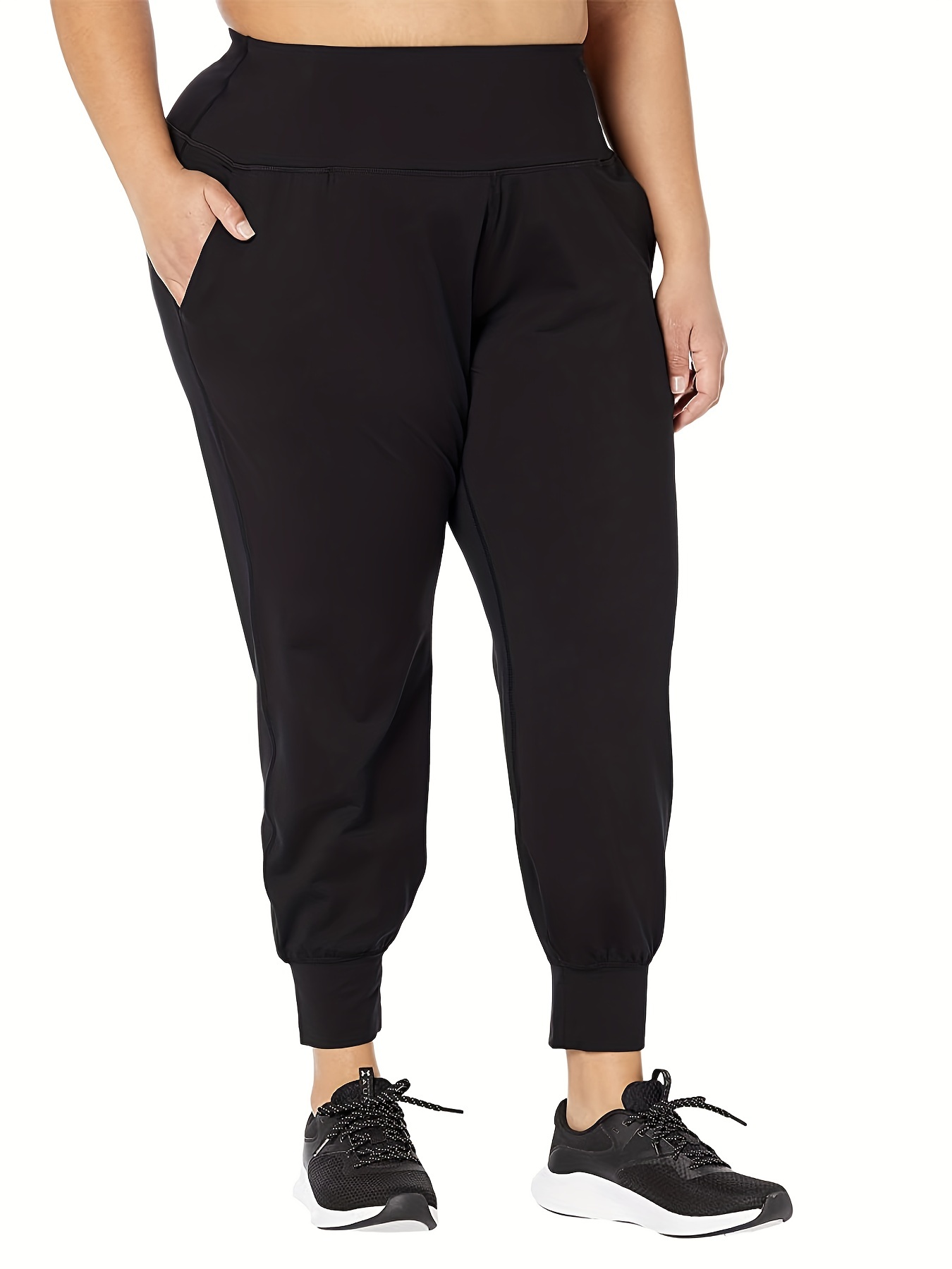 Plus Size Casual Pants, Women's Plus Solid High Rise High Stretch Workwear  Capri Pants