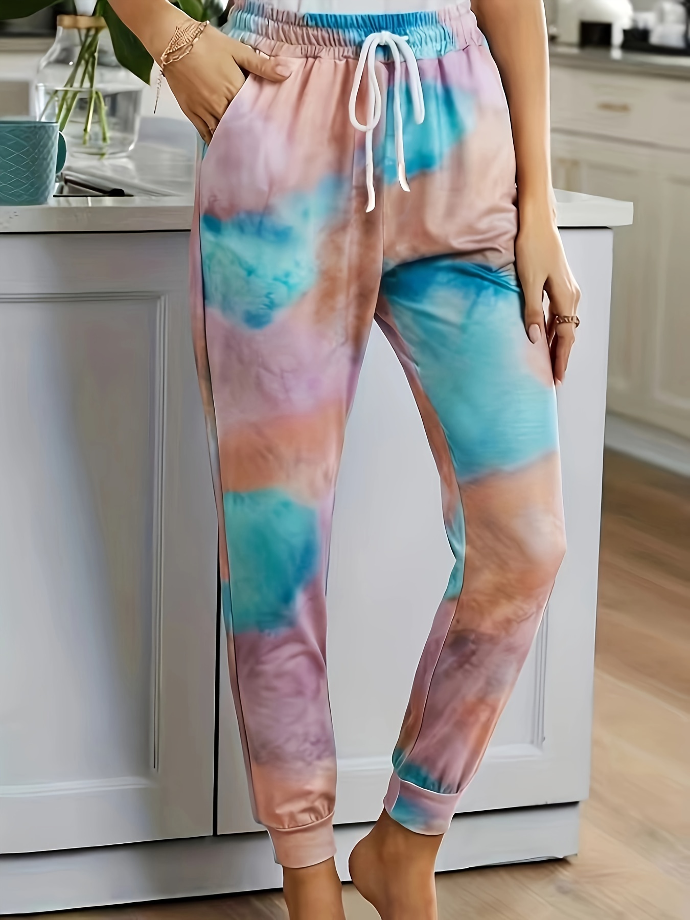 Plus Size Casual Pants, Women's Plus Tie Dye Elastic Drawstring Joggers  With Pockets - Temu Israel