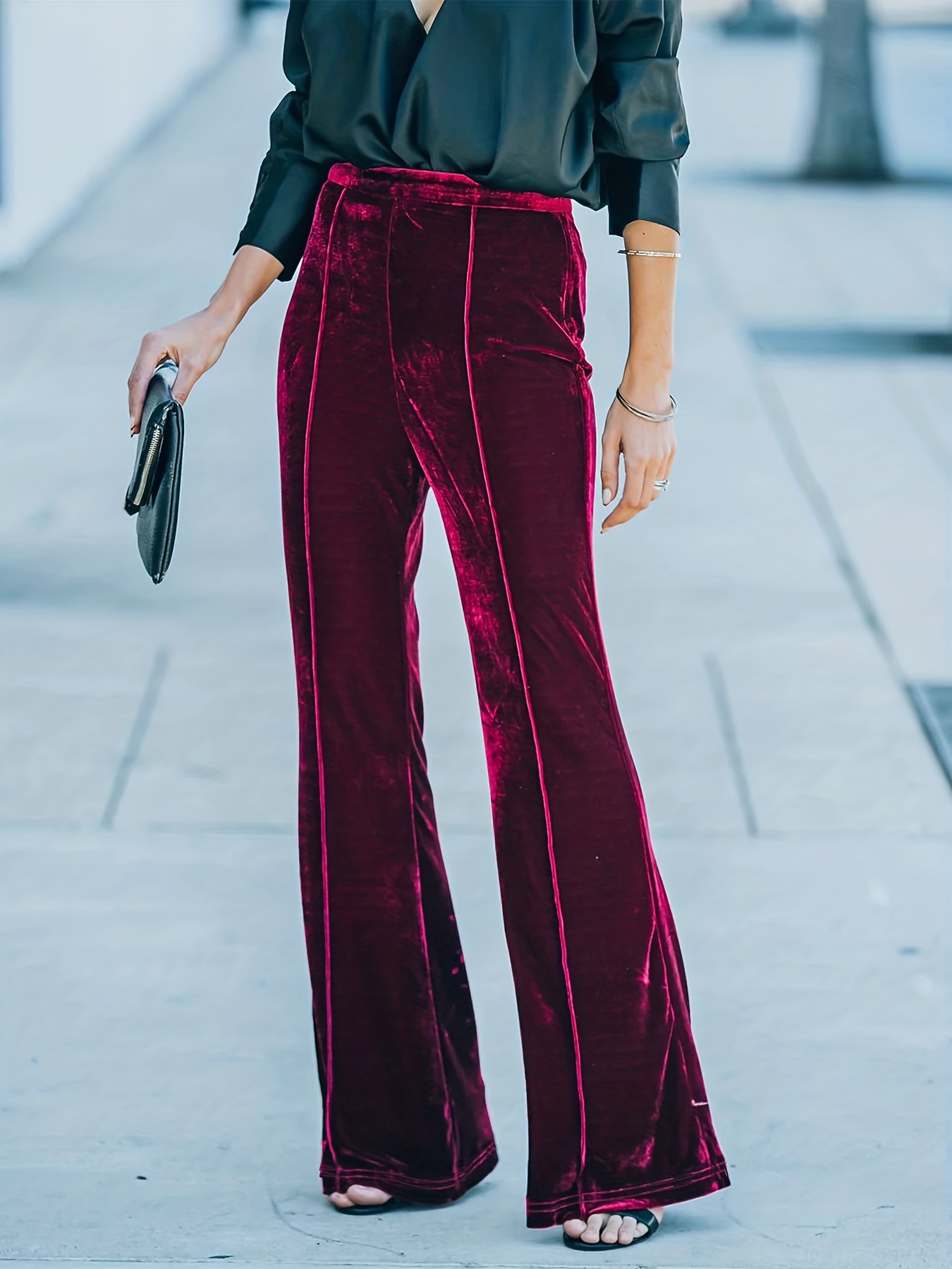 Plus Size Purple Wide Leg Stretch Velvet Trousers