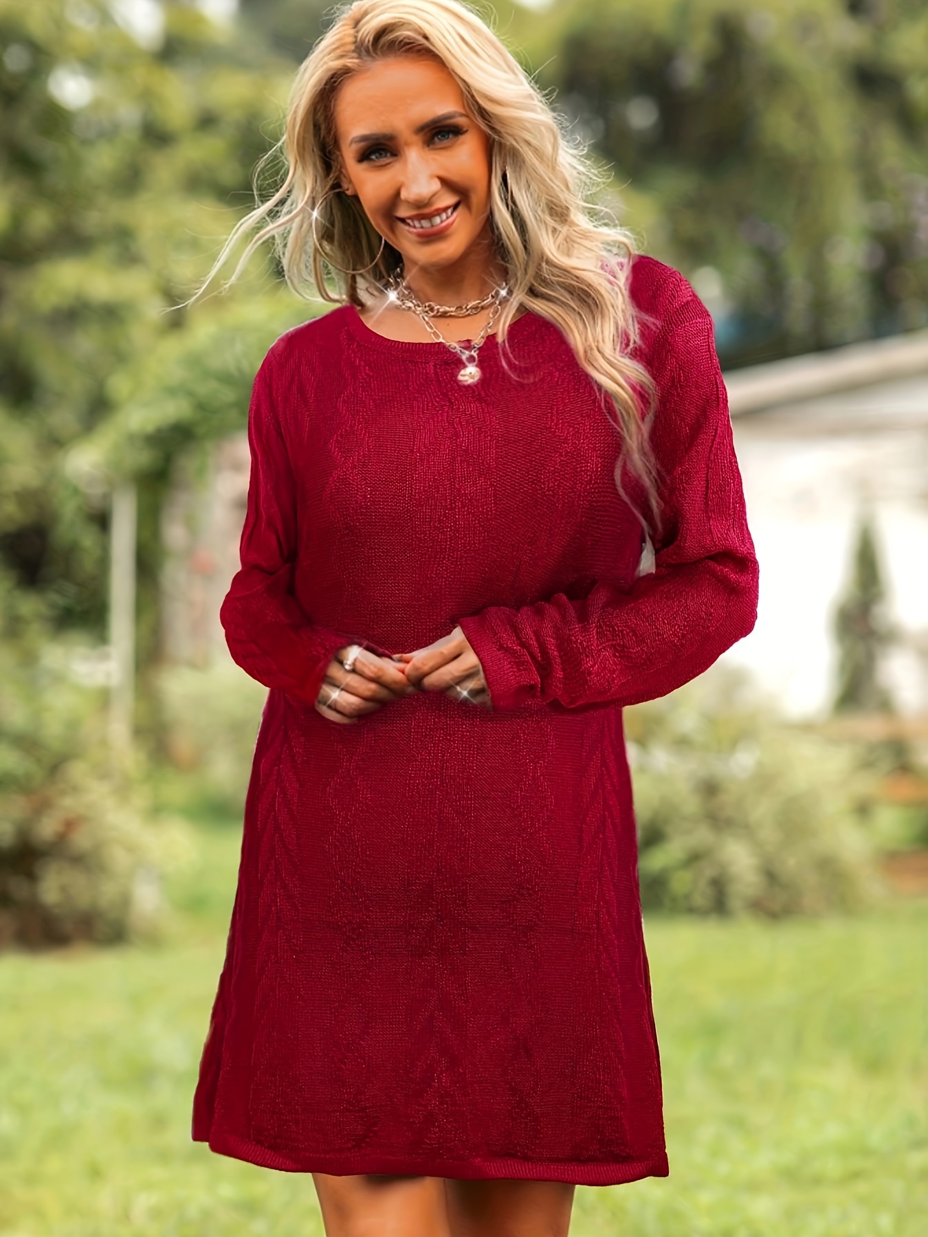 Elegant Jacquard A Line Dress Casual Long Sleeve Solid - Temu