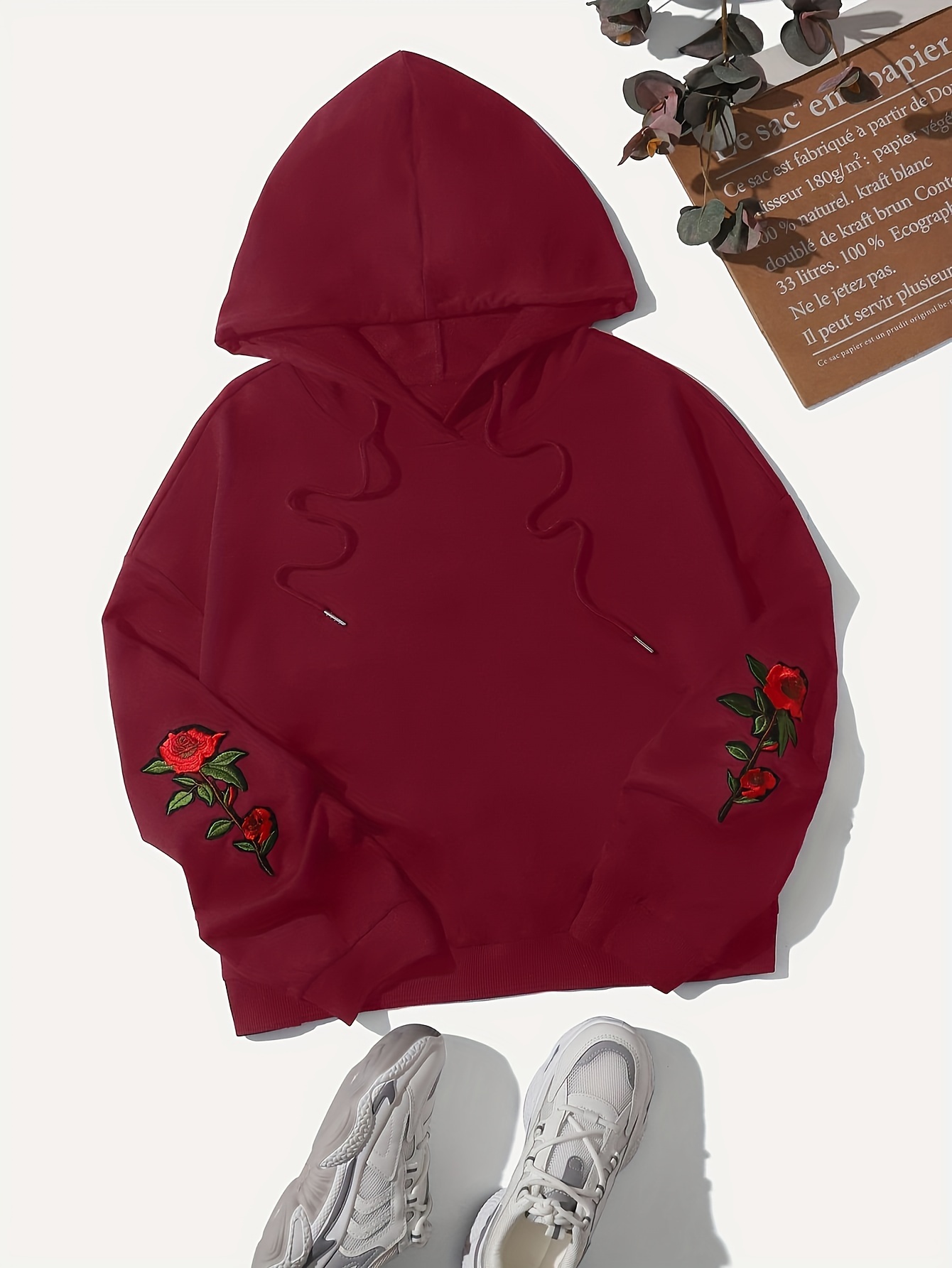 Over the head outlet hoodie with rose embroidery