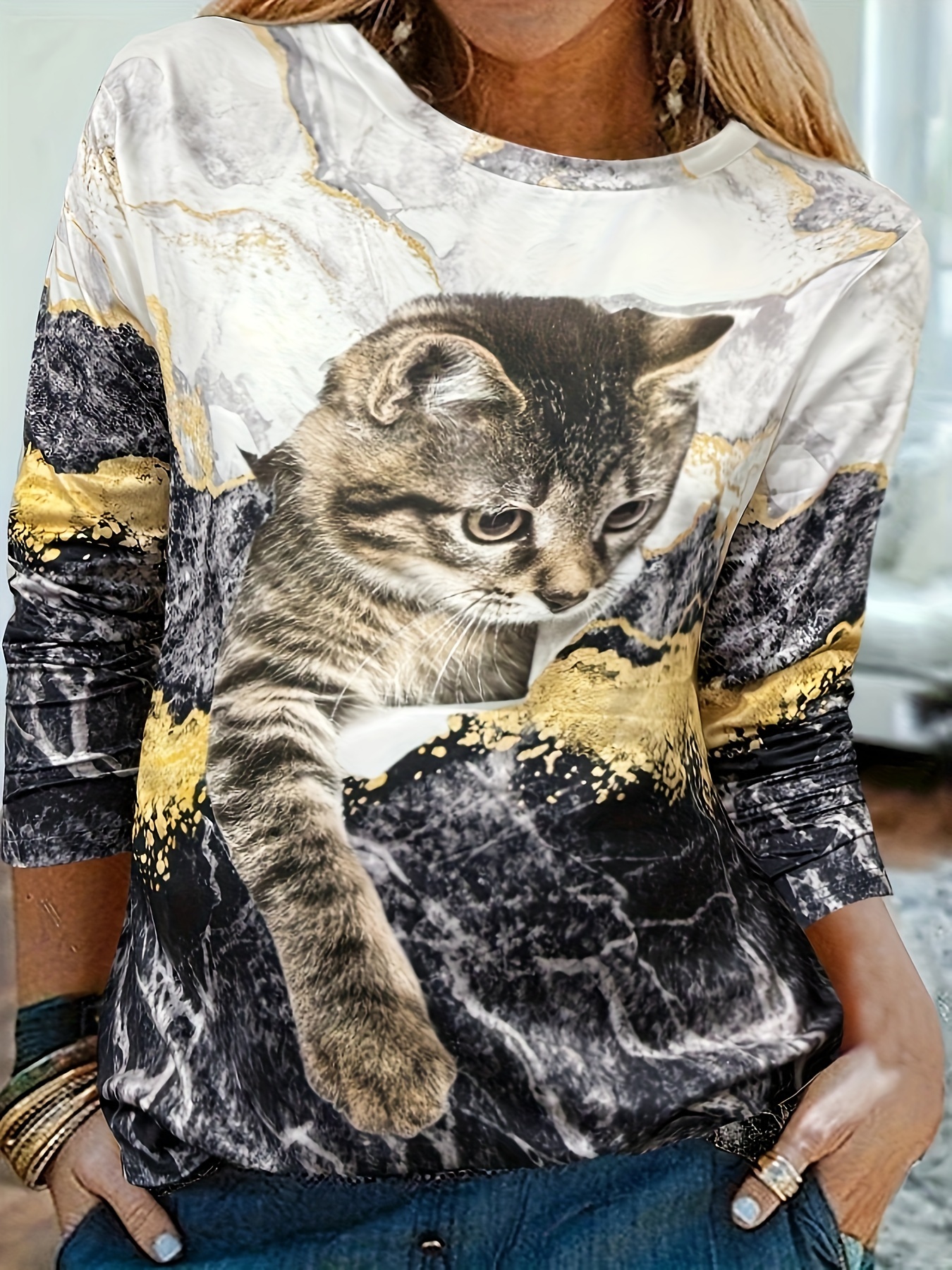Plus Size Sporty Pants Women's Plus Cute Cat Print Slight - Temu