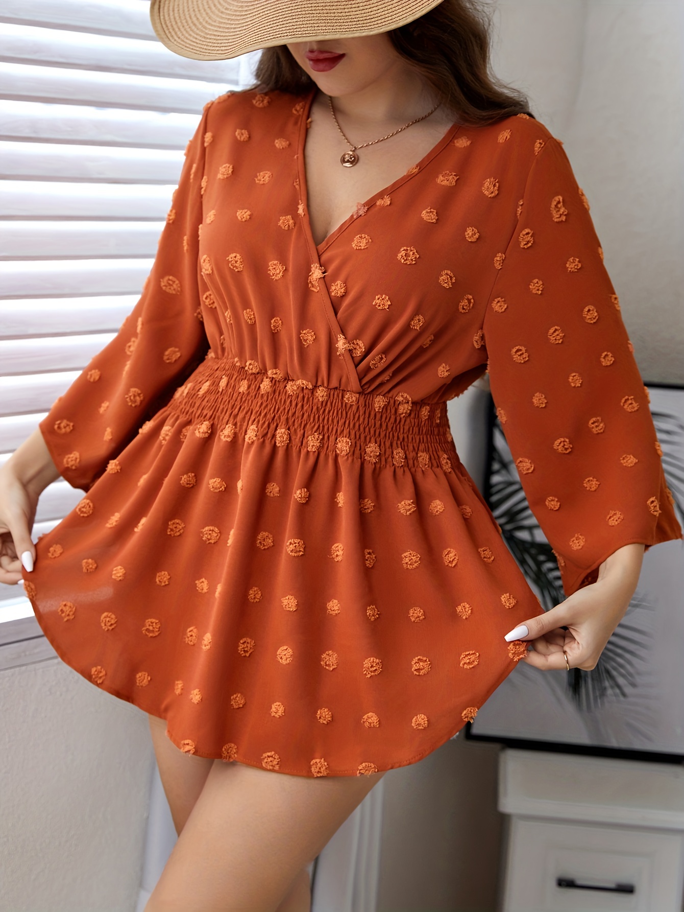 Ruffle Trim Peplum Dress Elegant Crew Neck Long Sleeve Solid - Temu