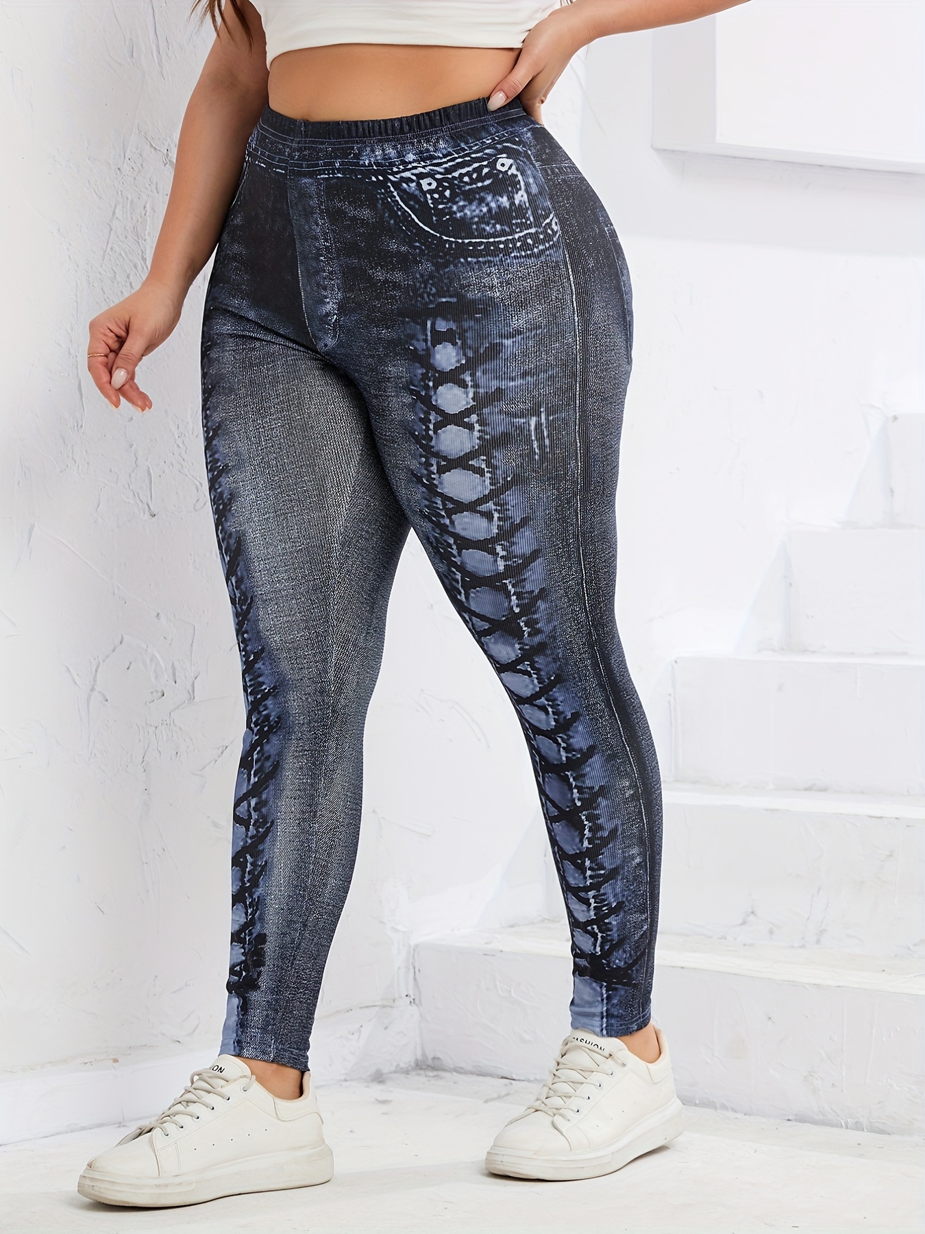 Plus Size Boho Leggings, Women's Plus Colorblock Arabesque Print High  Stretch Leggings