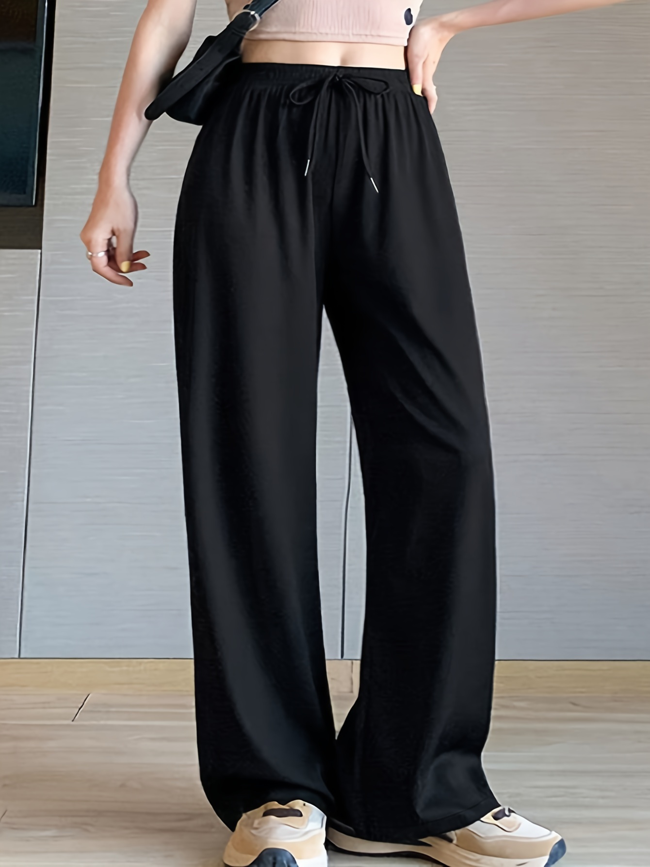 Plus Size Sports Pants, Women's Plus Solid Elastic Drawstring High Stretch  Wide Leg Track Pants