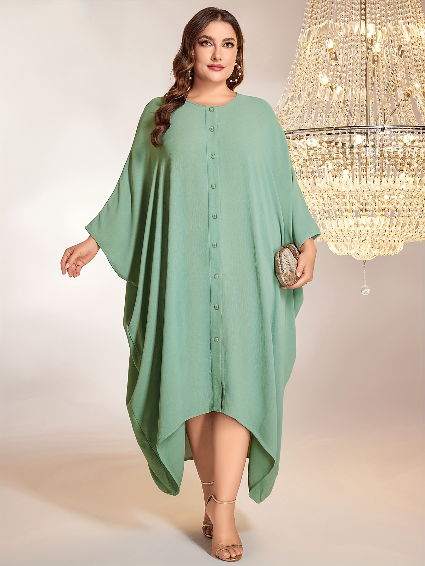 Ramadan Plus Size Boho Kaftan Dress, Women's Plus Embroidered Batwing  Sleeve Round Neck Beachwear Maxi Kaftan Dress