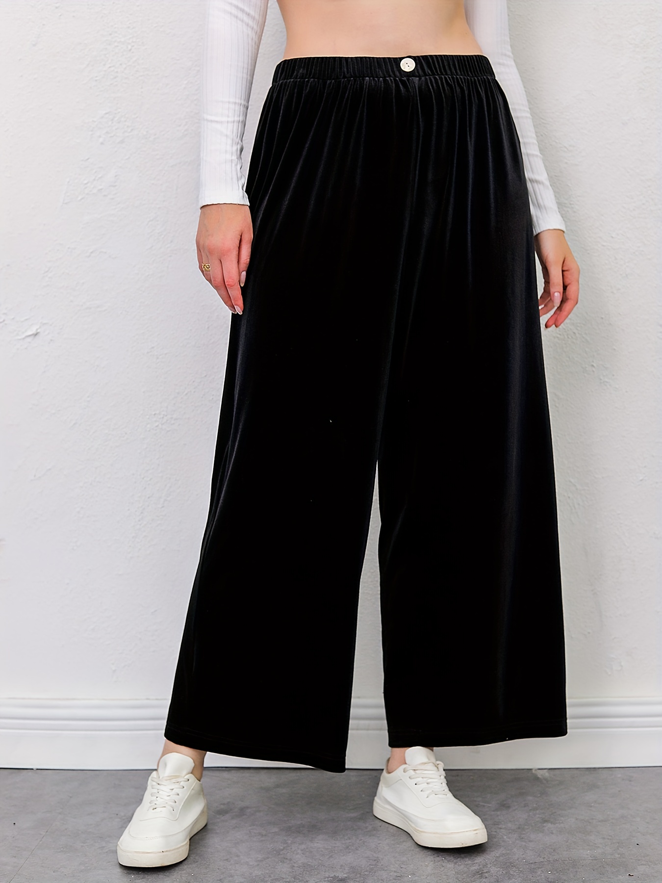 Women Winter Velvet Wide Leg Plus Size Pocket Pants Elegant Palazzo Trousers