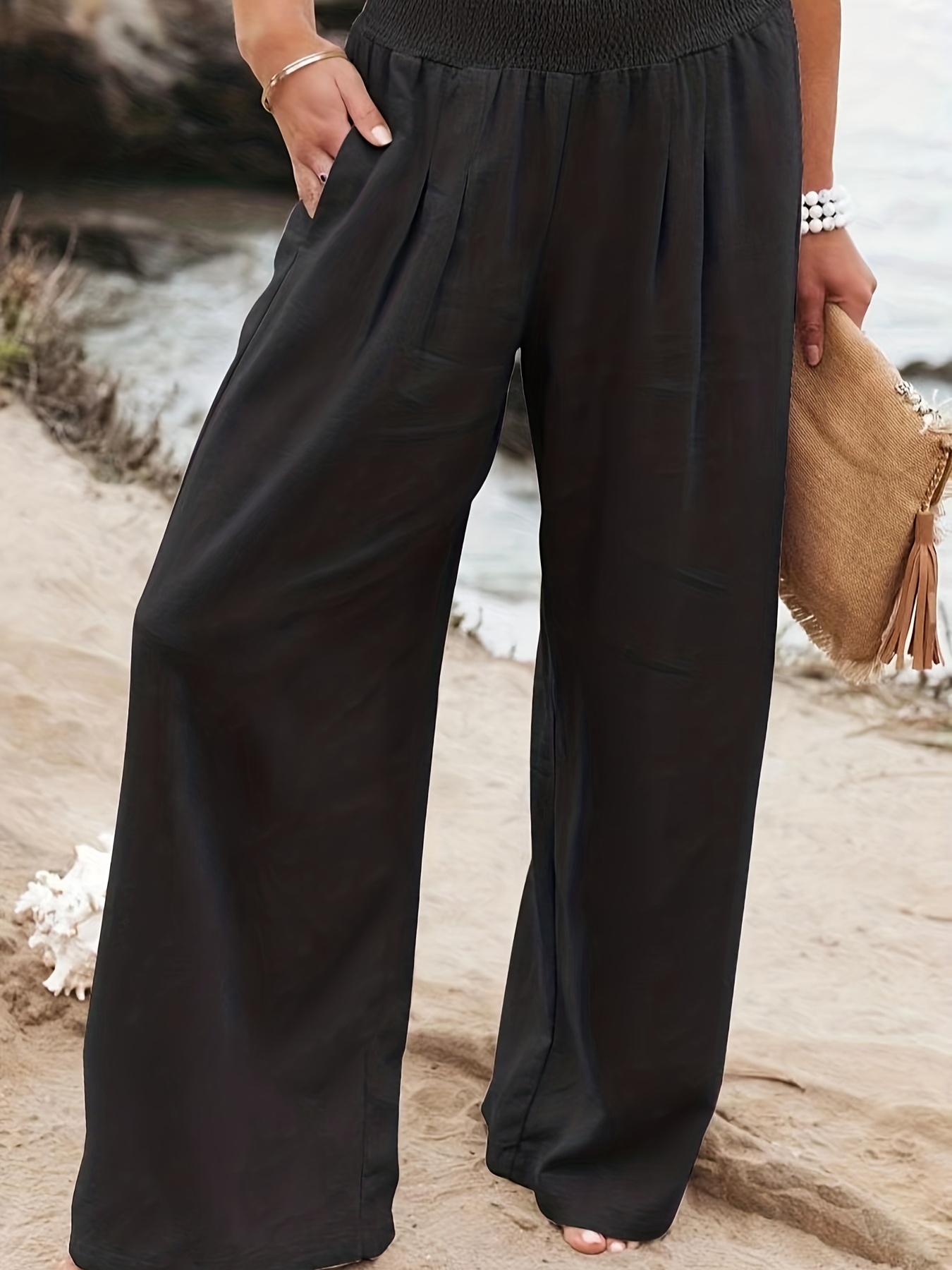 Plus Size Boho Pants Women's Plus Solid Button Decor Wide - Temu Australia