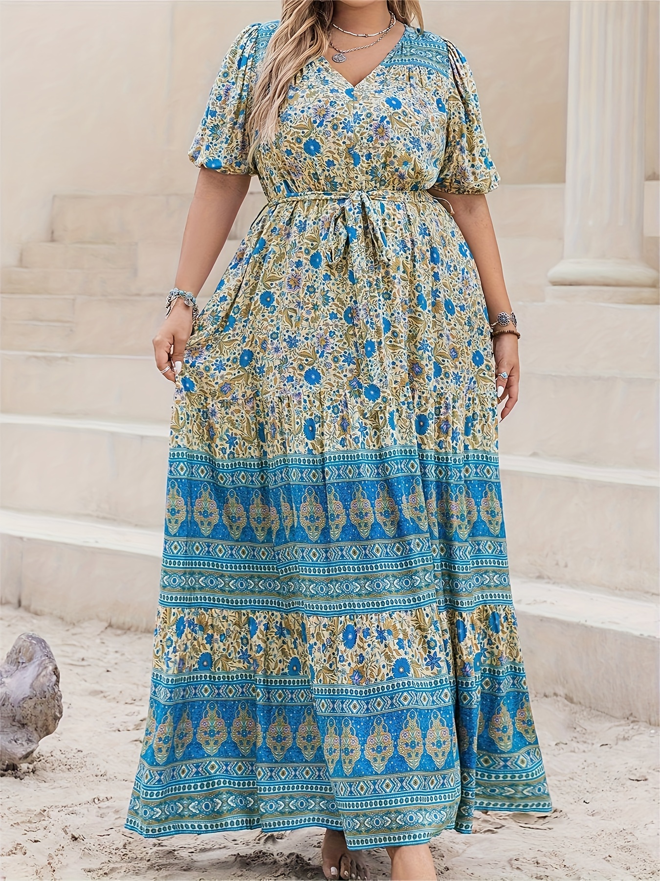 Plus Size Boho Dress, Women's Plus Border Floral Print Off Shoulder Ruffle  Trim Maxi Summer Dress