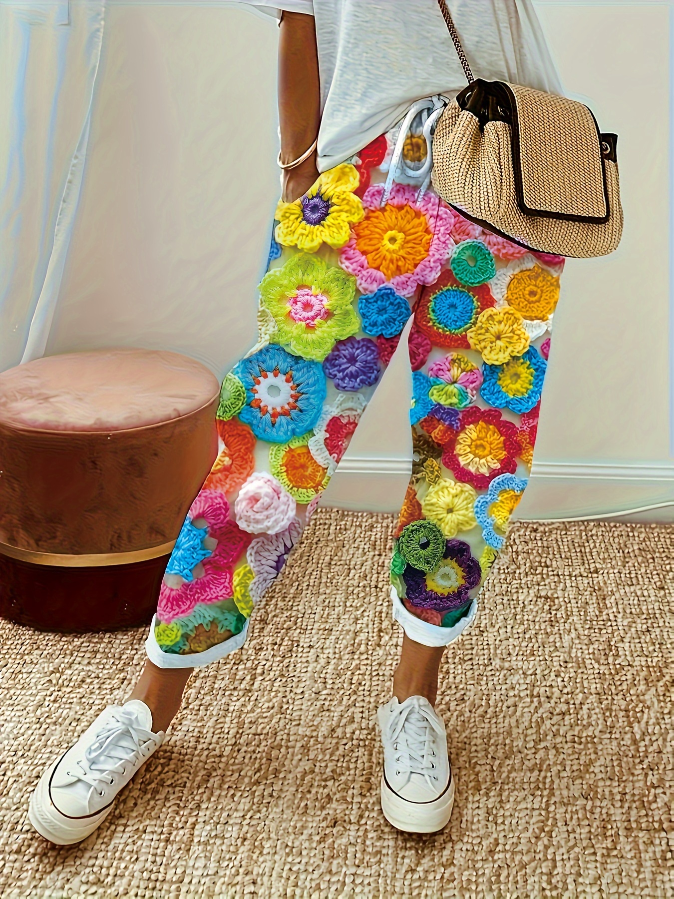 Smiley Floral Drawstring Pants