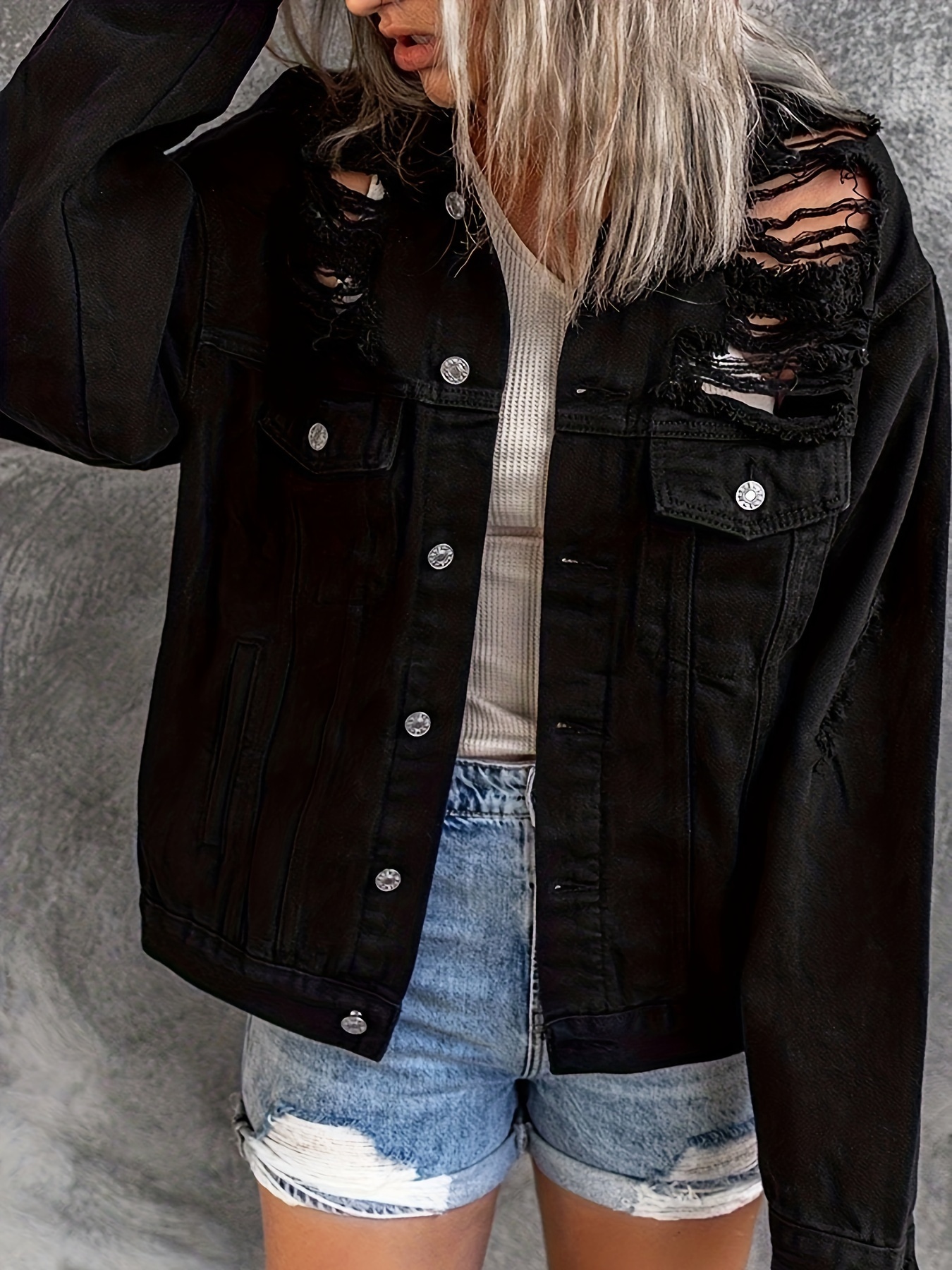 Oversized Distressed Flap Pockets Denim Jacket Ripped Deco - Temu