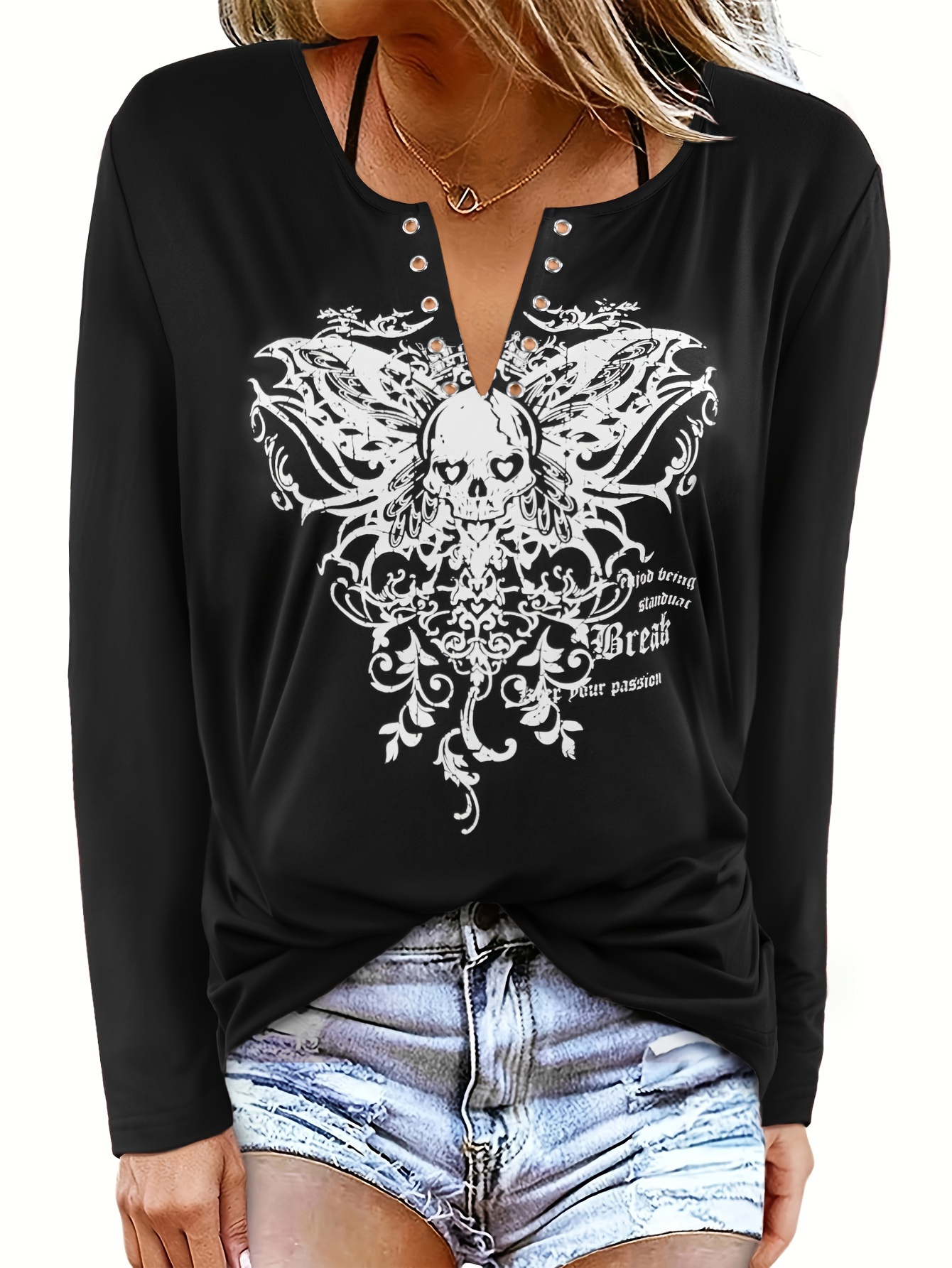 Plus Size Goth T-shirt, Women's Plus Skull & Rose Print Short Sleeve Round  Neck Slight Stretch T-shirt