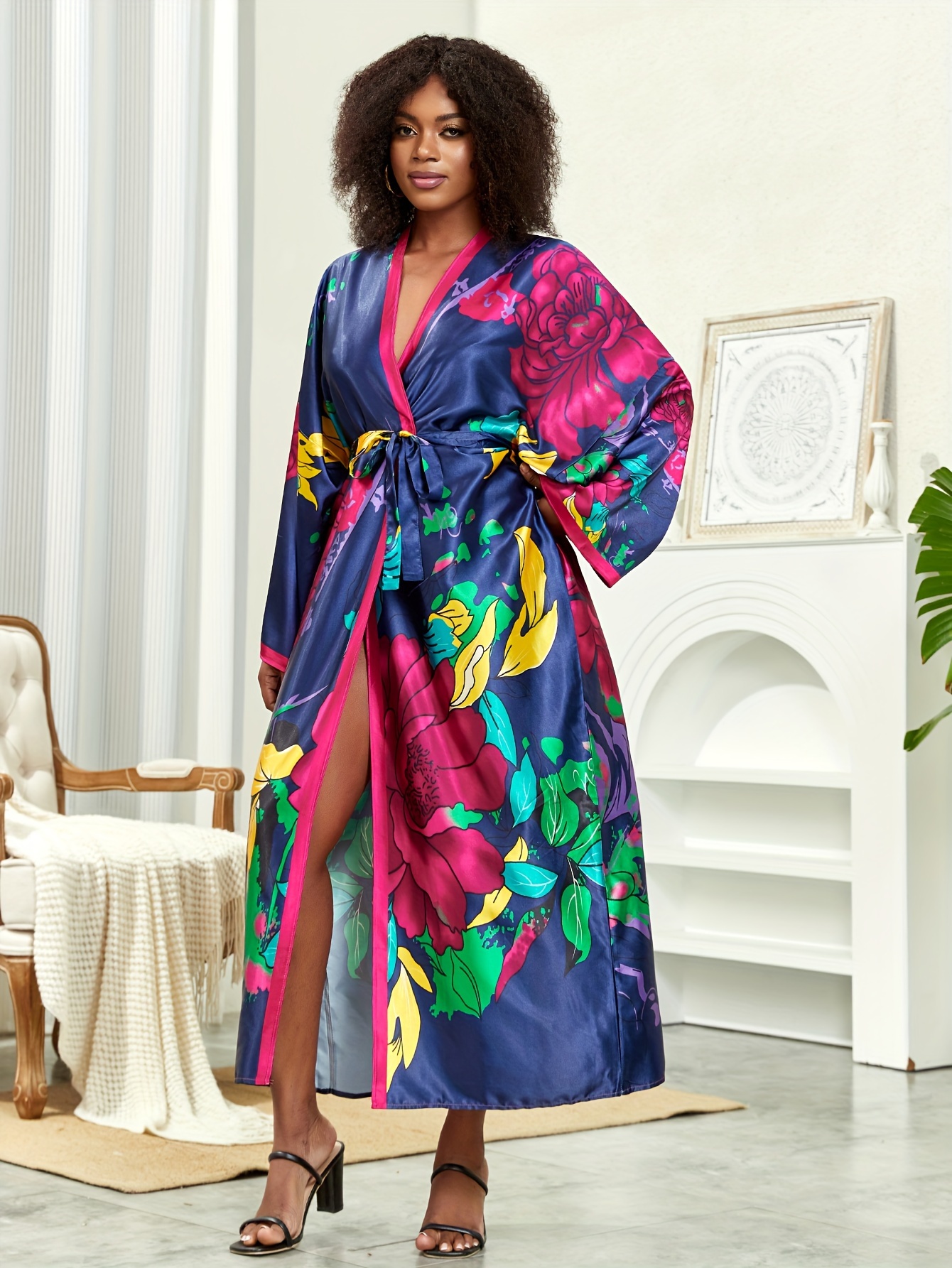 Kimono Robes For Women Long Satin Robe Floral Robes Kimonos Bathrobe  Dressing Gown