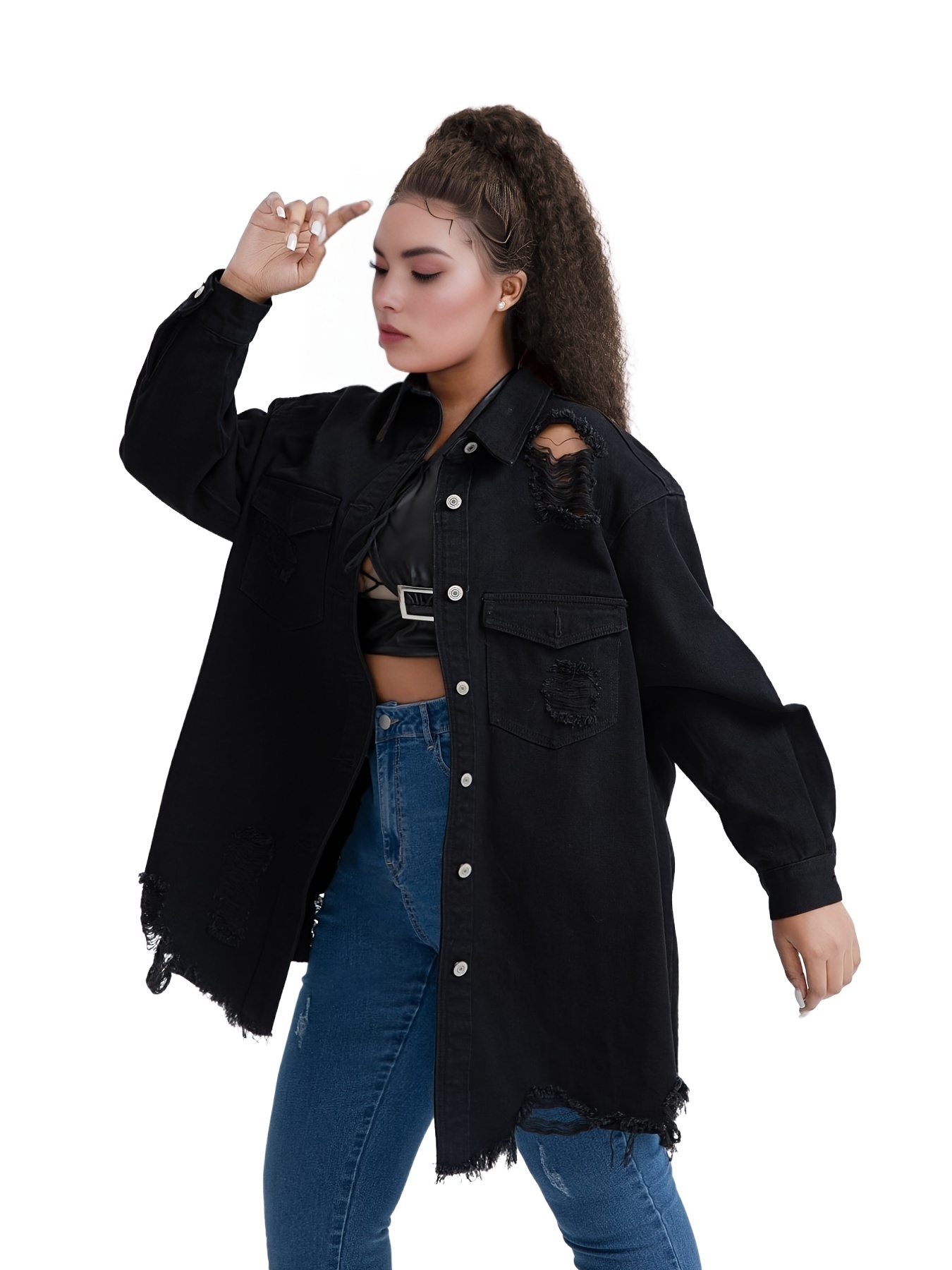 Womens longline black denim on sale jacket