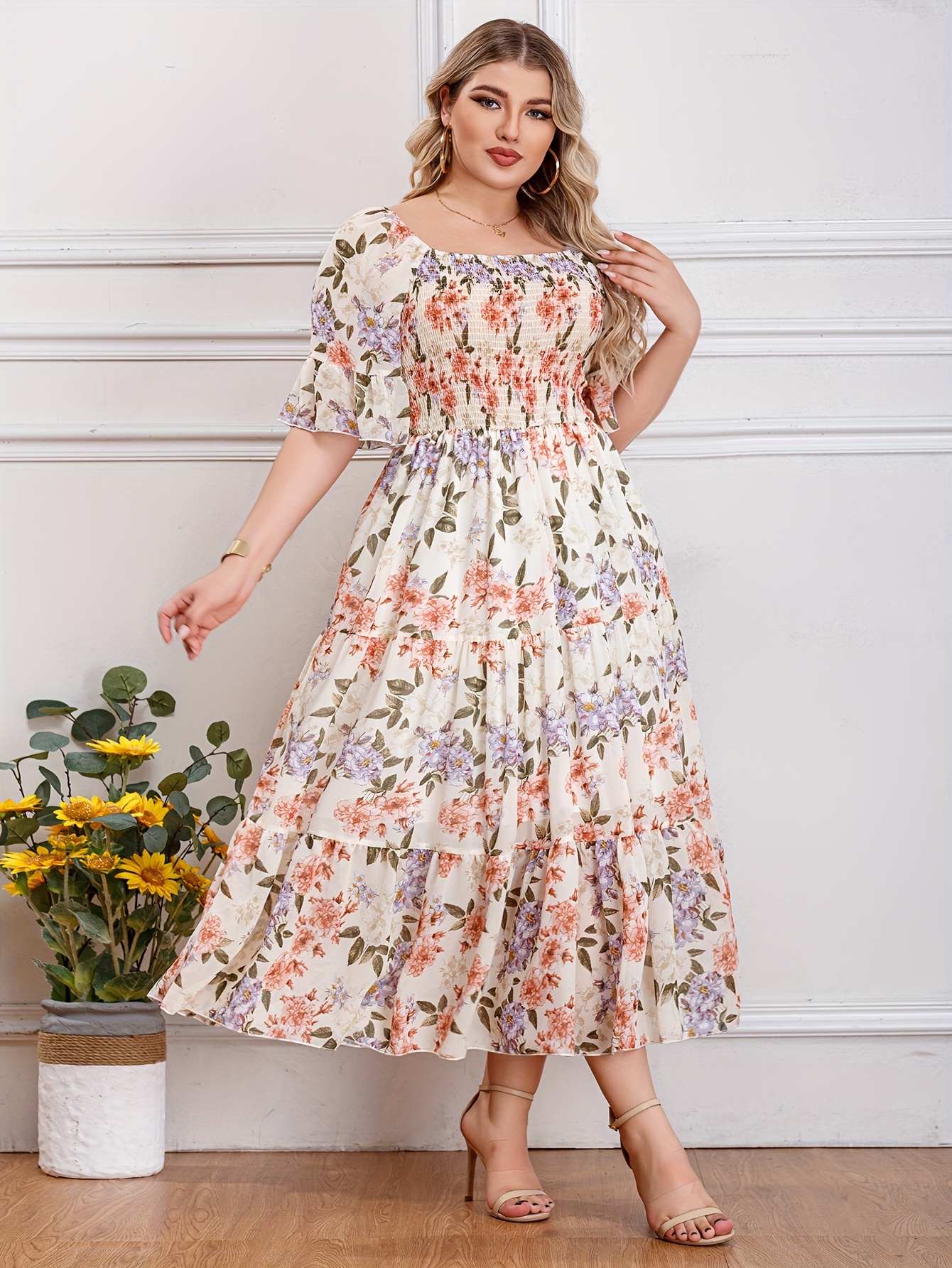 Plus Size Boho Dress Women's Plus Floral Print Short Sleeve - Temu Canada