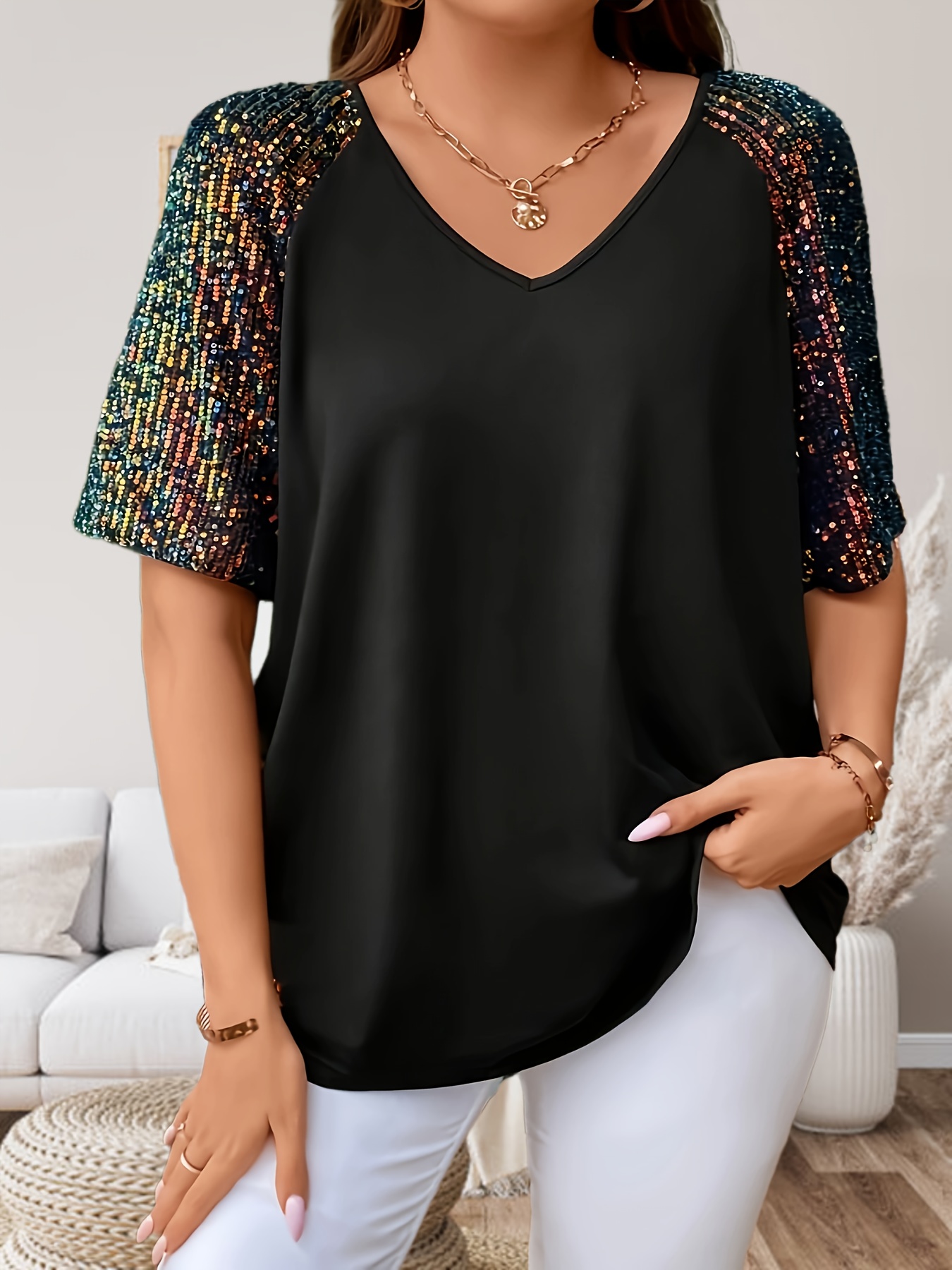 Plus Size Solid V Neck Irregular Hem T shirt Women's Plus - Temu