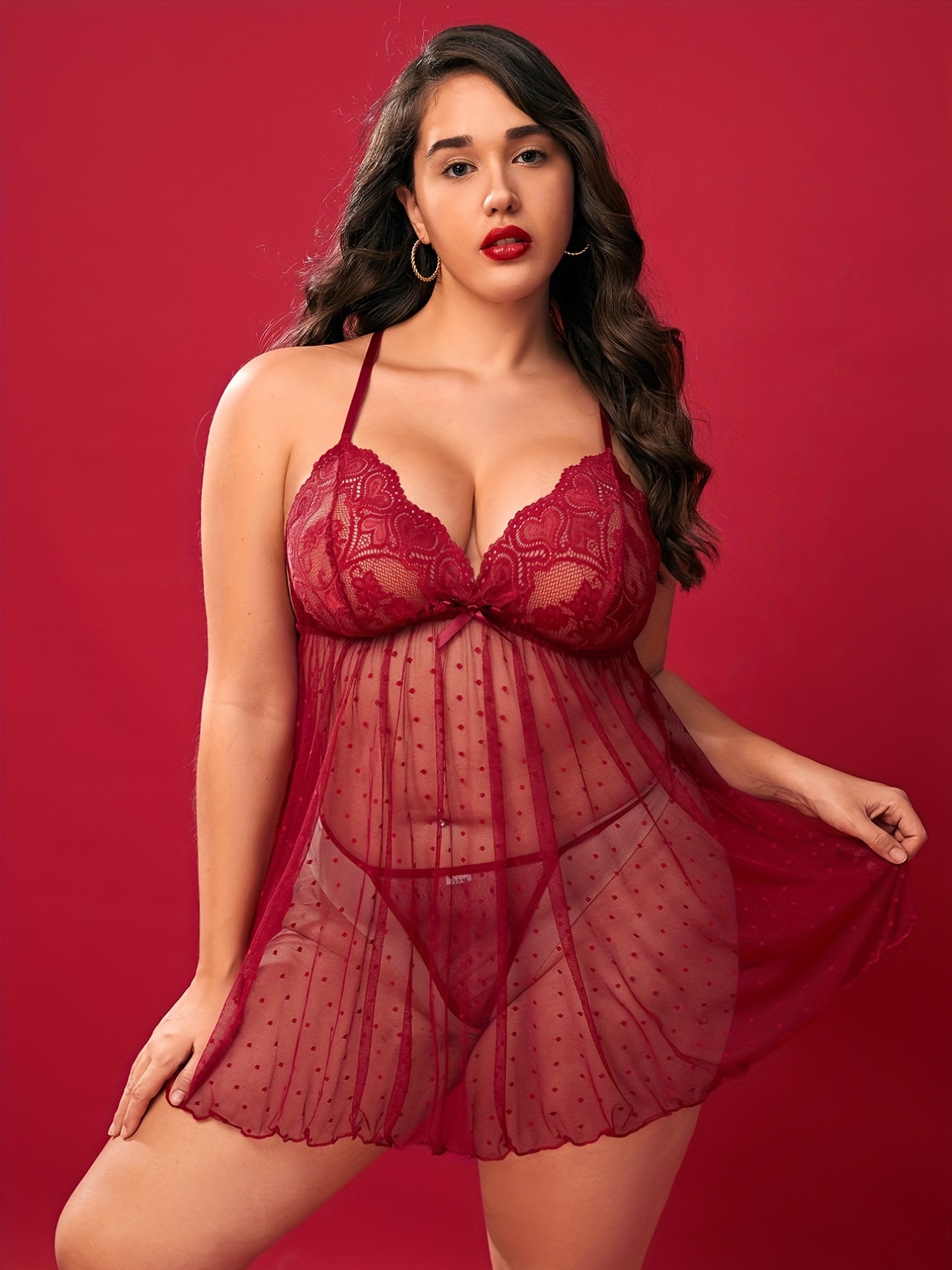 Plus Size Red Sheer Blossom Lingerie Babydoll & G-String - Red - 1X/2X