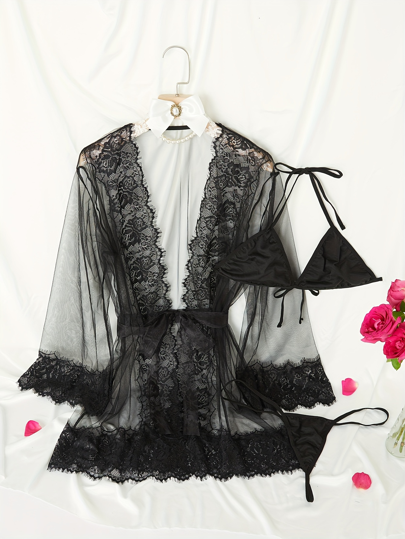 Appliques Belted Lace Sleep Robe Without Lingerie Set Stylish and Elegant  (Color : Black, Size : Small)