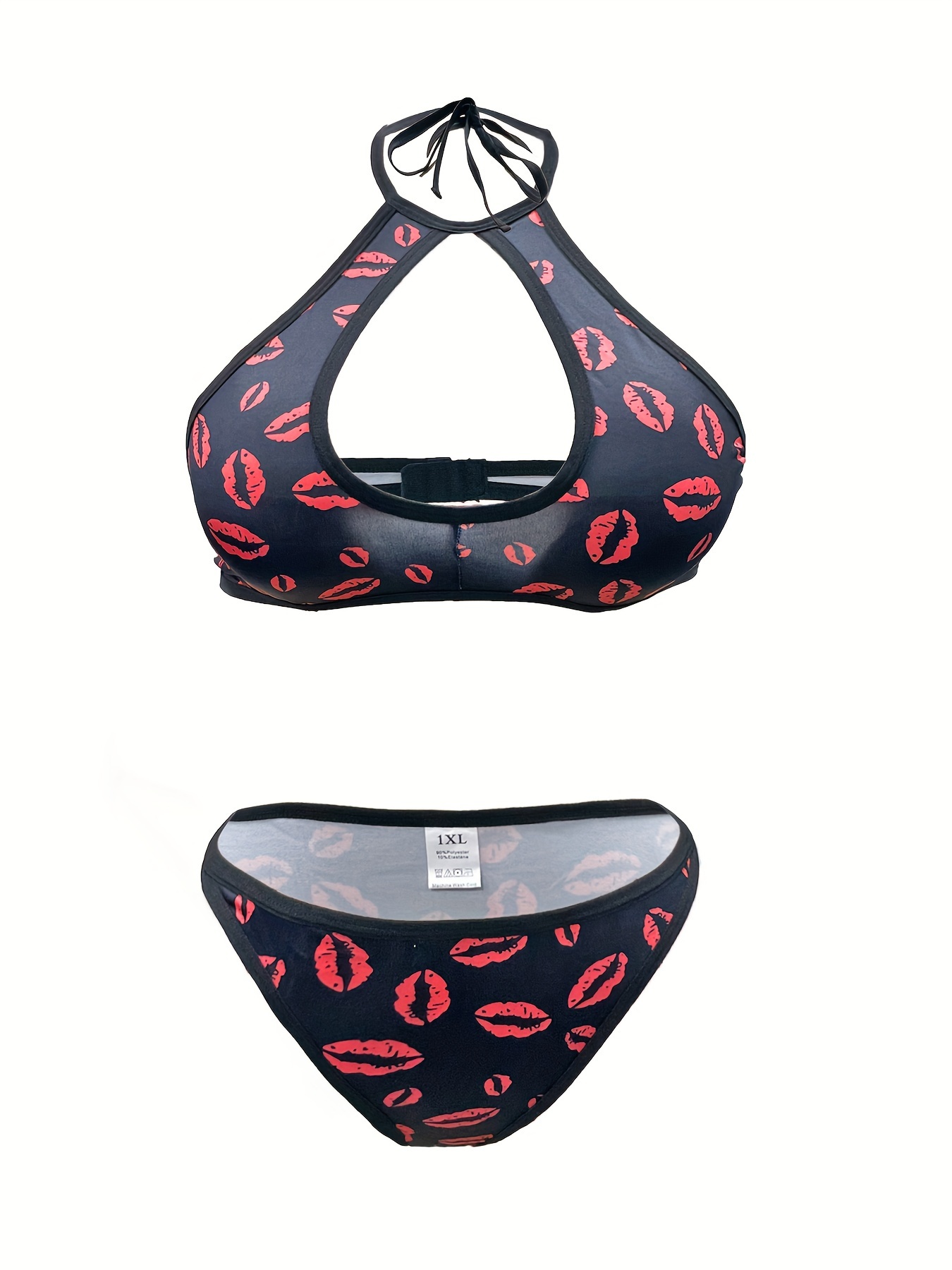 Plus Size Casual Lingerie Set, Women's Plus Kiss Print Bra & Underwear  Lingerie 2 Piece Set