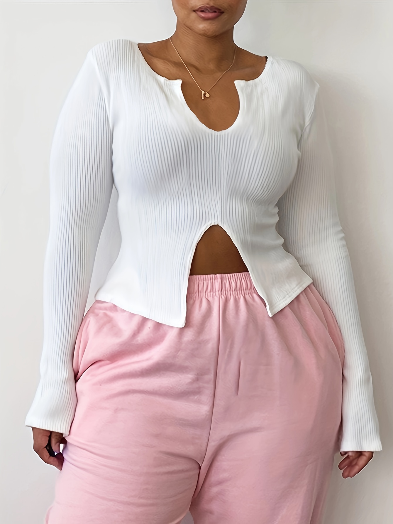 Plus Size One Shoulder Ripped Long Sleeve T-shirt, Women's Plus Slight  Stretch Solid Sexy Tee