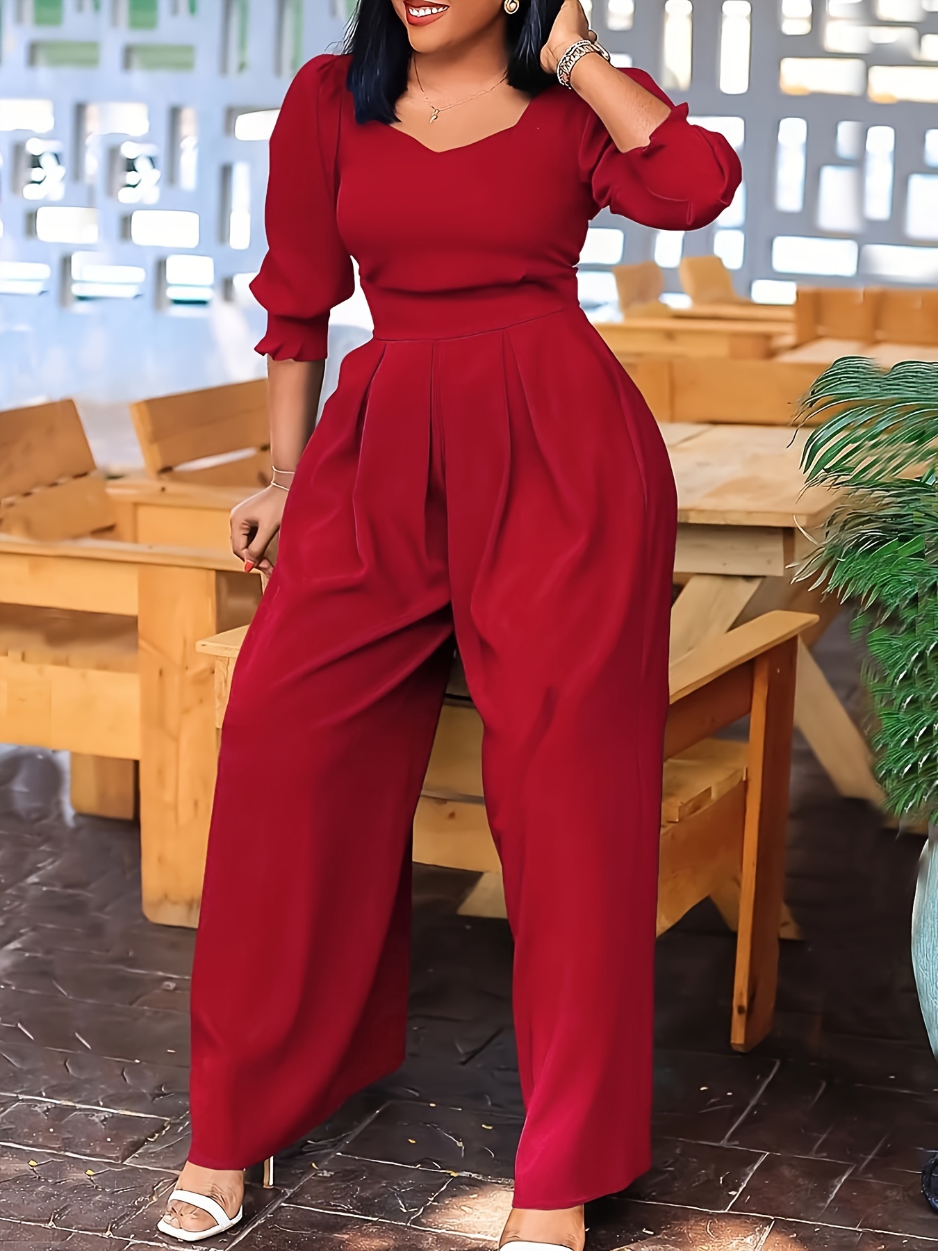 Plus Size Scoop Neck Long Sleeve Bodysuit - Red