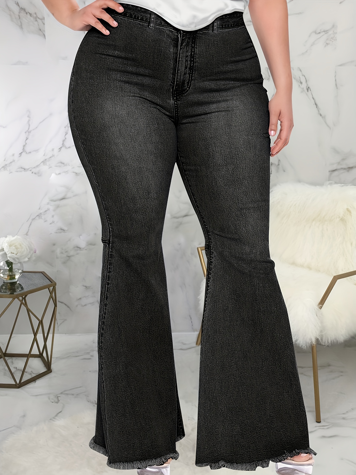 Black Bell Bottom Denim Pants High Stretch Slimming Elegant - Temu