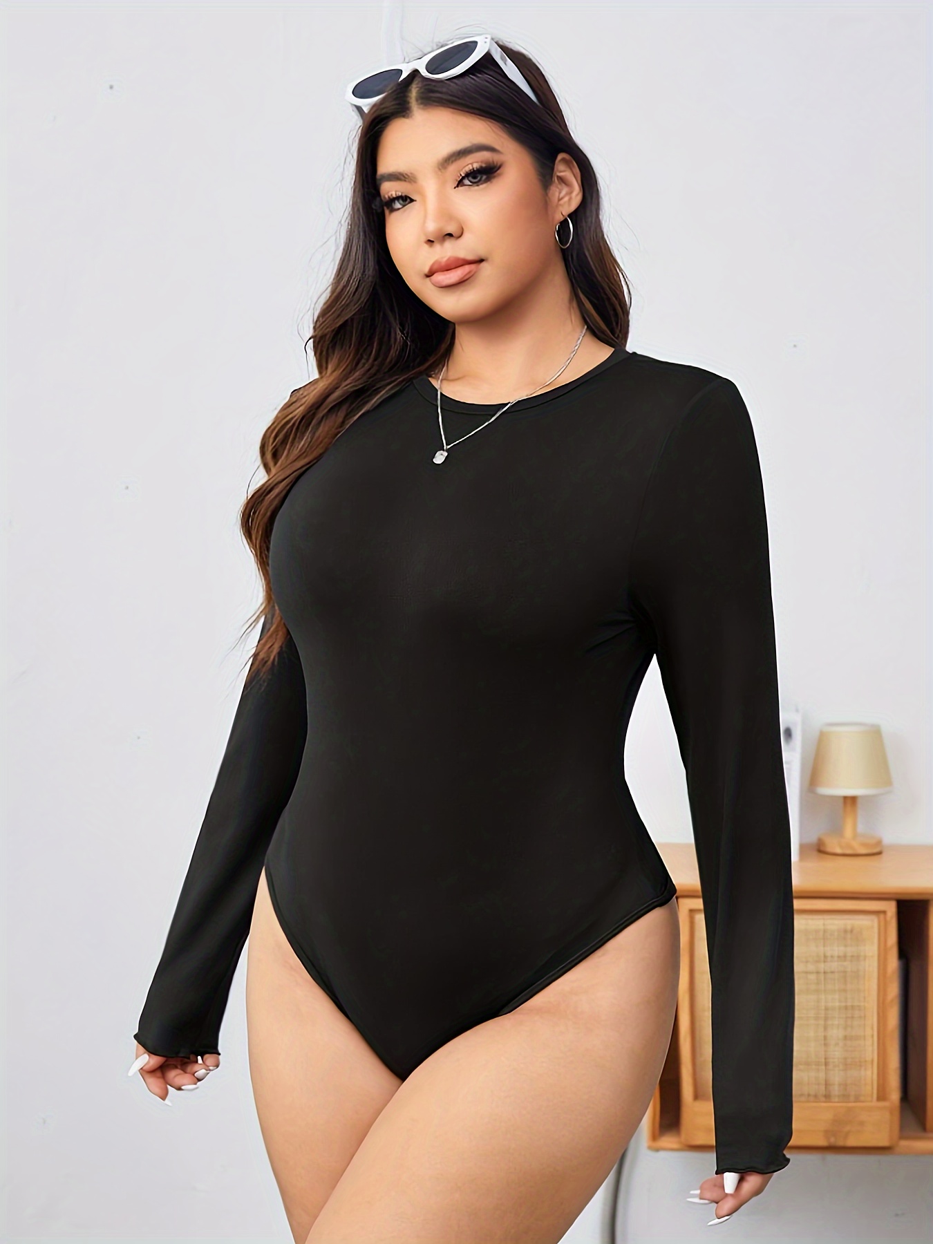 Plus Size Sexy Bodysuit Women's Plus Solid Cut Front Long - Temu