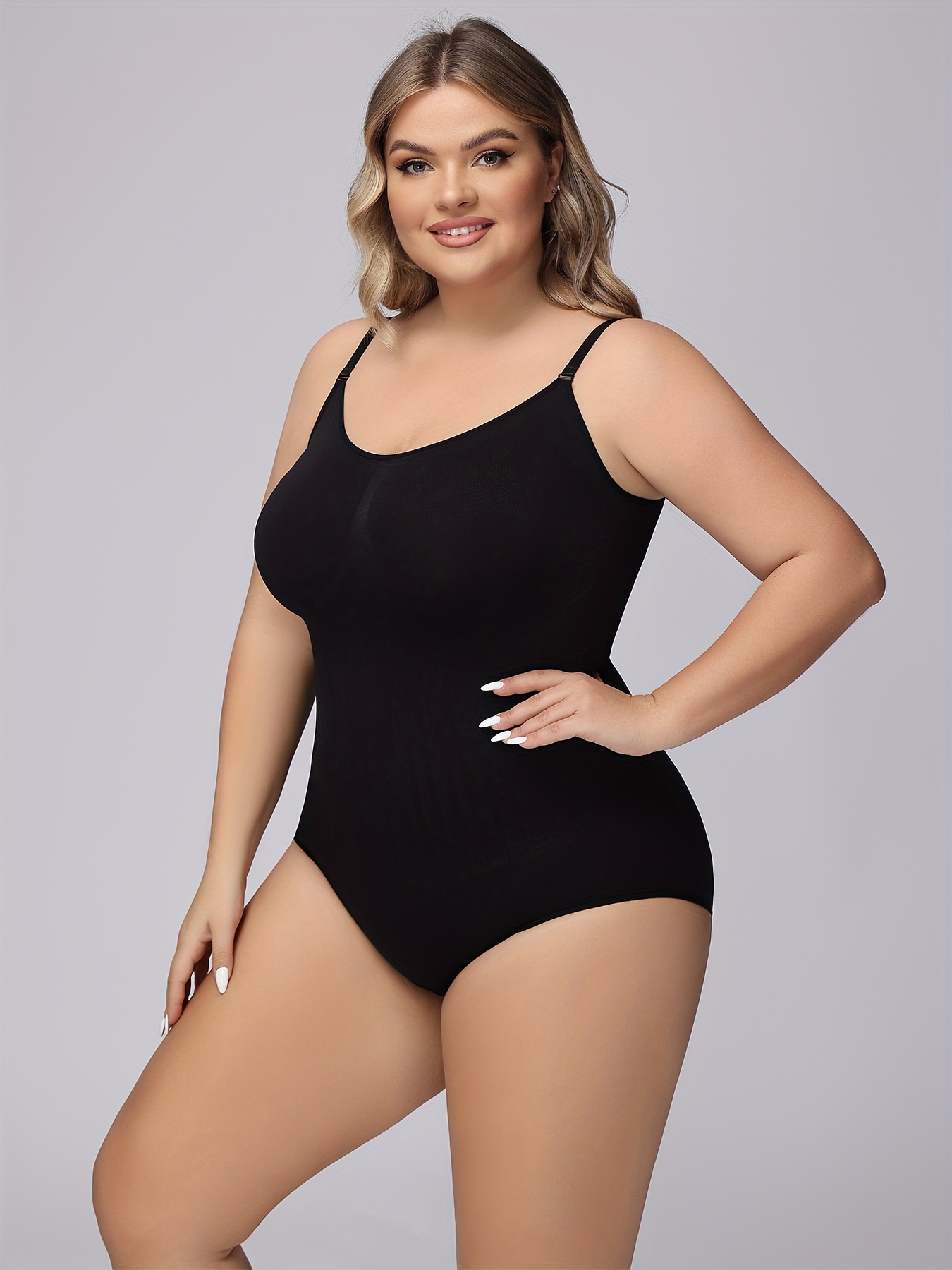 Women's Simple Shapewear Bodysuit, Plus Size Solid Seamless Zip Up Snap  Crotch Tummy Control Slimming Cami Body Shaper