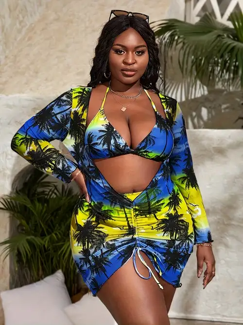 SHEIN Swim Vcay Plus Palm Tree Print Bikini Set Halter Triangle Bra & High  Waisted Bottom & Cover Up Dress 3 Piece Bathing Suit