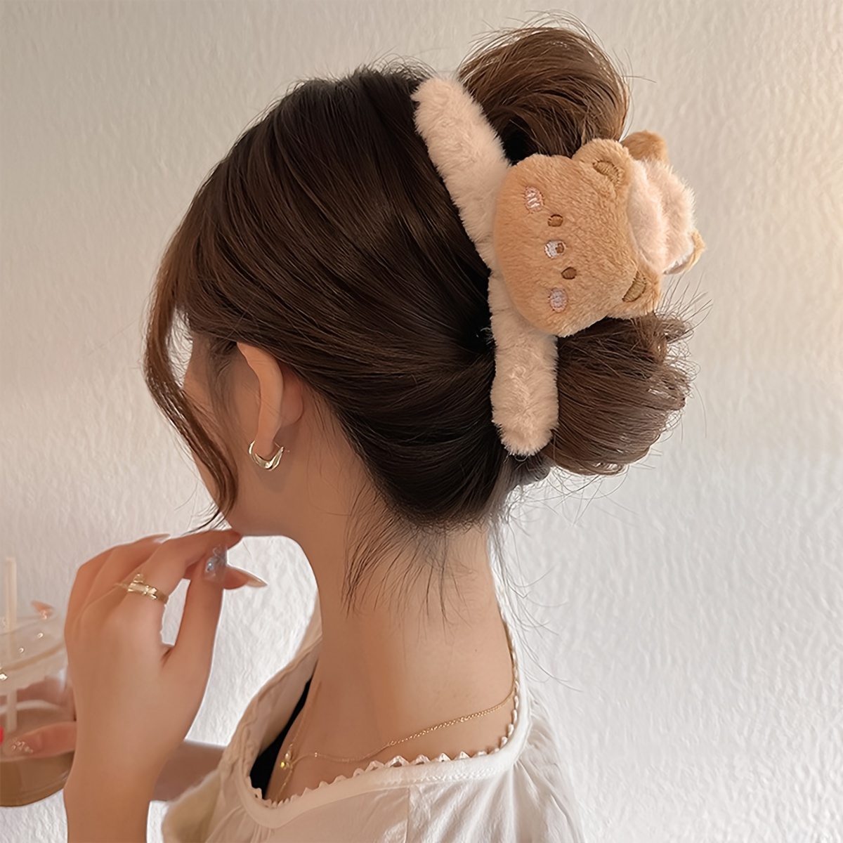 4pcs/set Cute Coffee-colored Plush Cartoon Hair Clips For Women