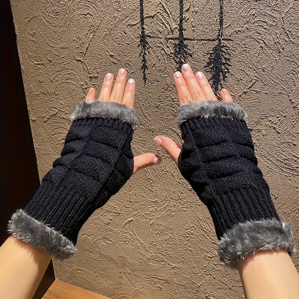 Thickened Velvet Lined Knit Gloves Short Solid Color Plush Cuff Fingerless  Gloves With Thumb Hole Autumn Winter Elastic Coldproof Writing Gloves - Temu