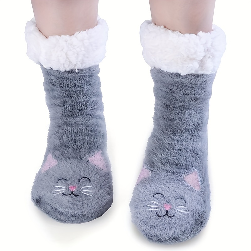 Women Winter Fluffy Fuzzy Slipper Socks 3D Cartoon Animal Coral