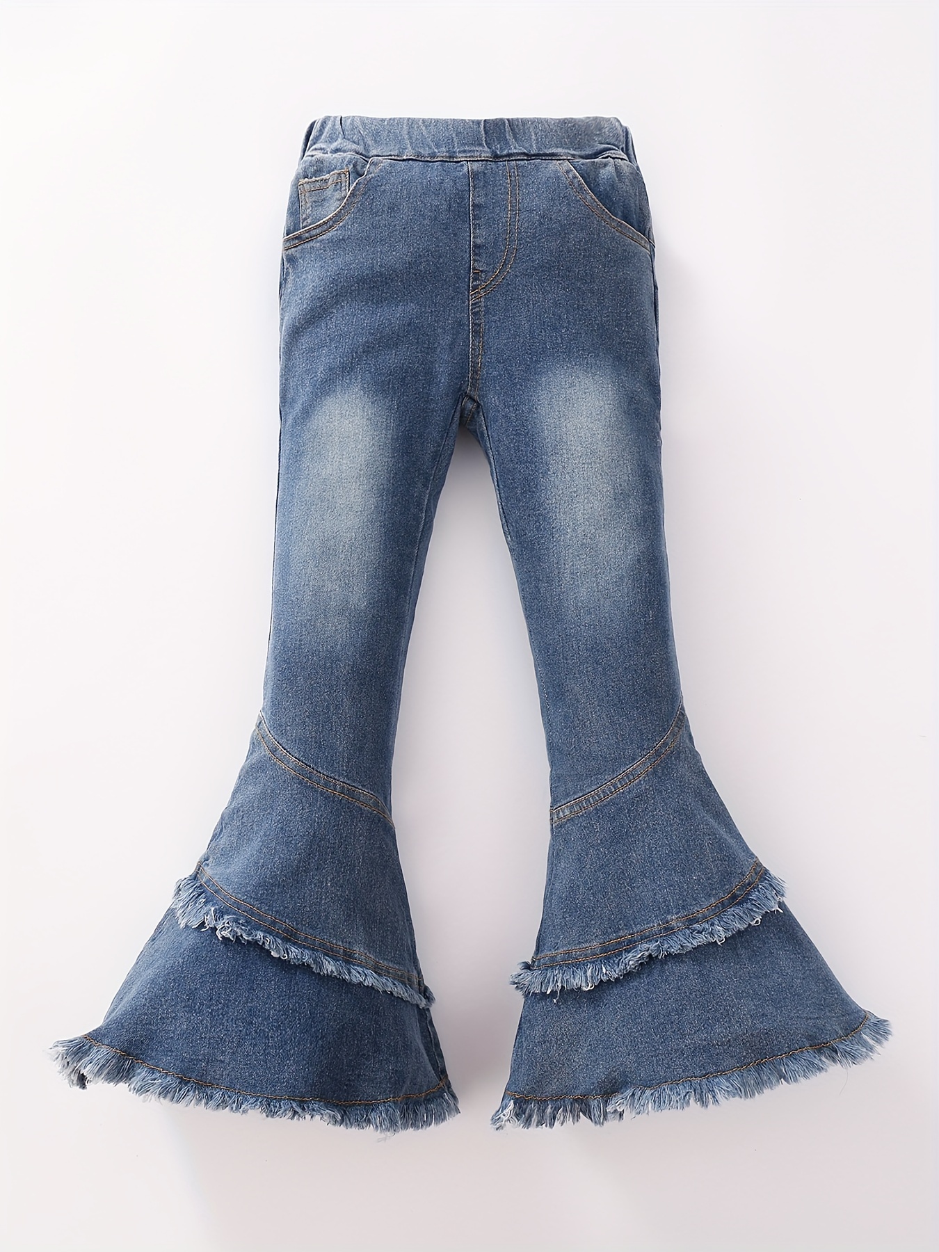 Girls Fashion Flared Washed Denim Pants, Trousers with Lace Trim, Comfortable Casual Jeans for Toddlers Kids Children,Temu