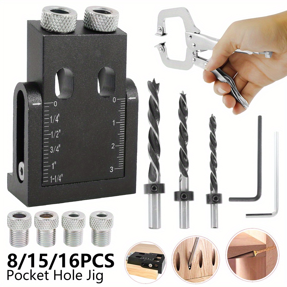 Pocket Hole Jig Kit 3-Hole Pocket Screw Jig Drill Guide 15° Angled Holes US  ◌