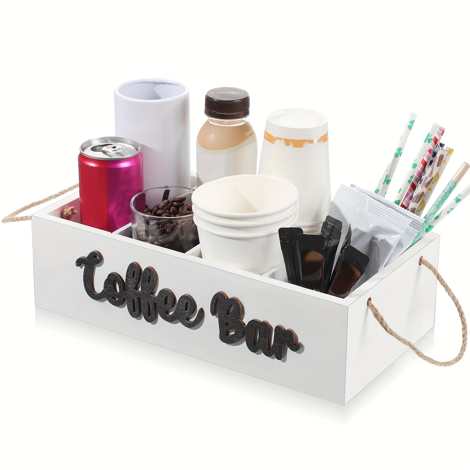 Coffee Bar Accessories Organizer Countertop, Wood Coffee Station Organizer  with Handle, K Cup Storage Basket Coffee Pod Holders with Drawer, Farmhouse