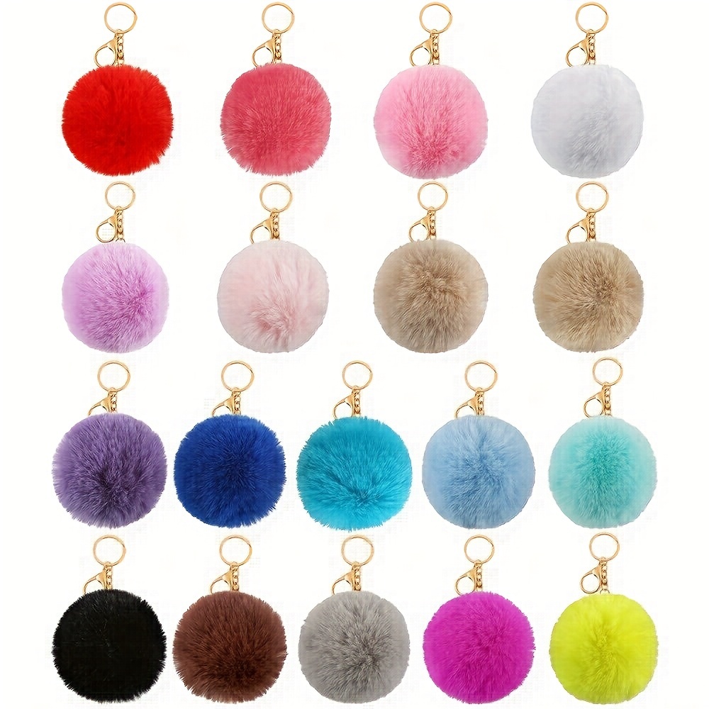 6 Large Fluffy Genuine Fur Pom Pom Handmade puffy Keychain Ball Car  Keyring / Bag Purse Charm ( Blue)