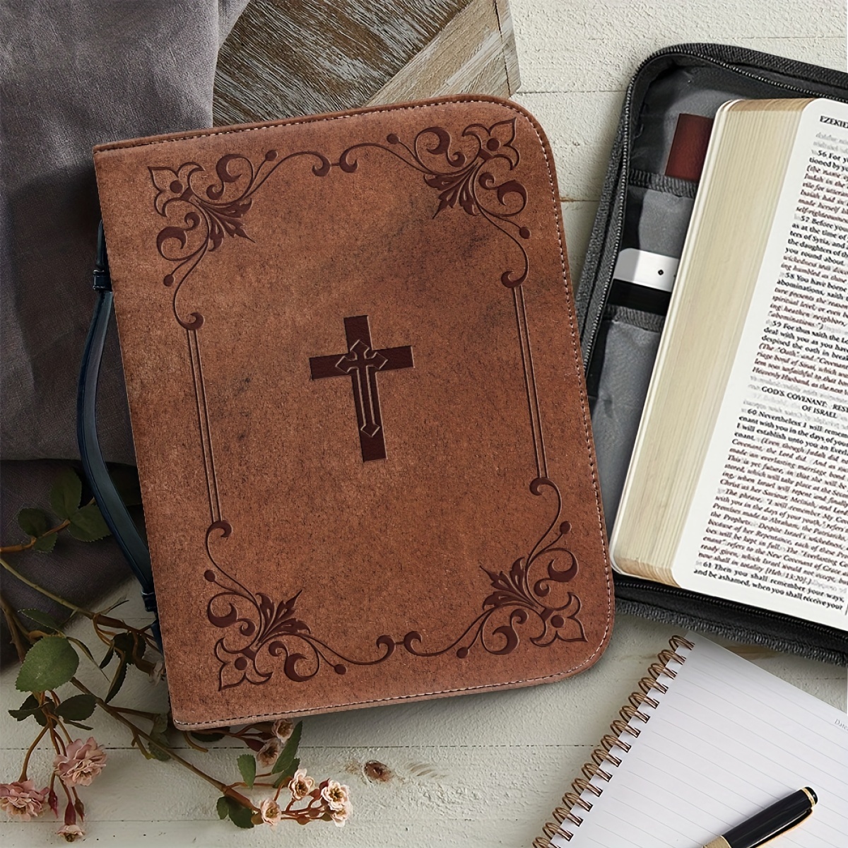 Leather Classic Bible Cover Book Cover with Back Pocket Brown