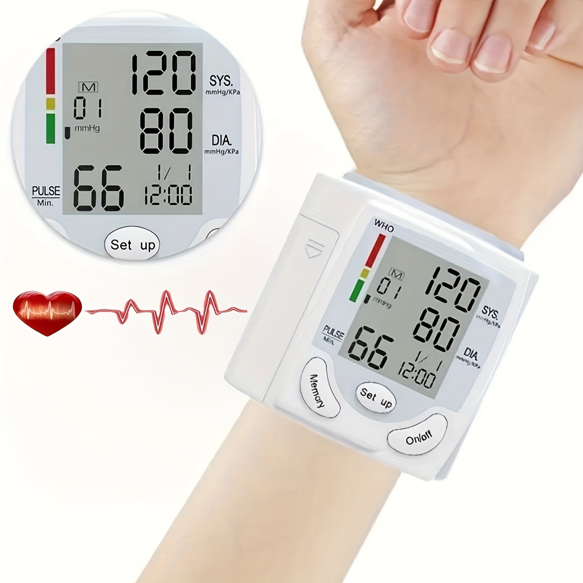 Monitor de presión arterial de muñeca, medidor de pulso de frecuencia  cardíaca, manguito de presión arterial ajustable con caja de almacenamiento