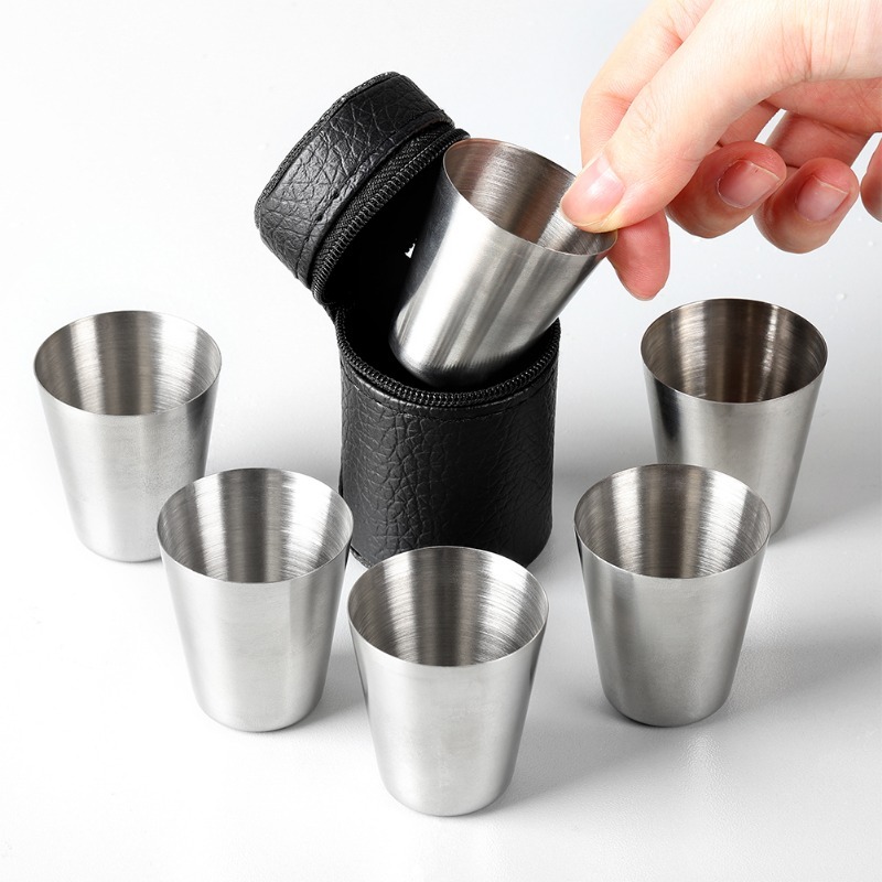 4pc Kikkerland Camping Stainless Steel Shot Glass 1oz Metal Glasses Leather Case