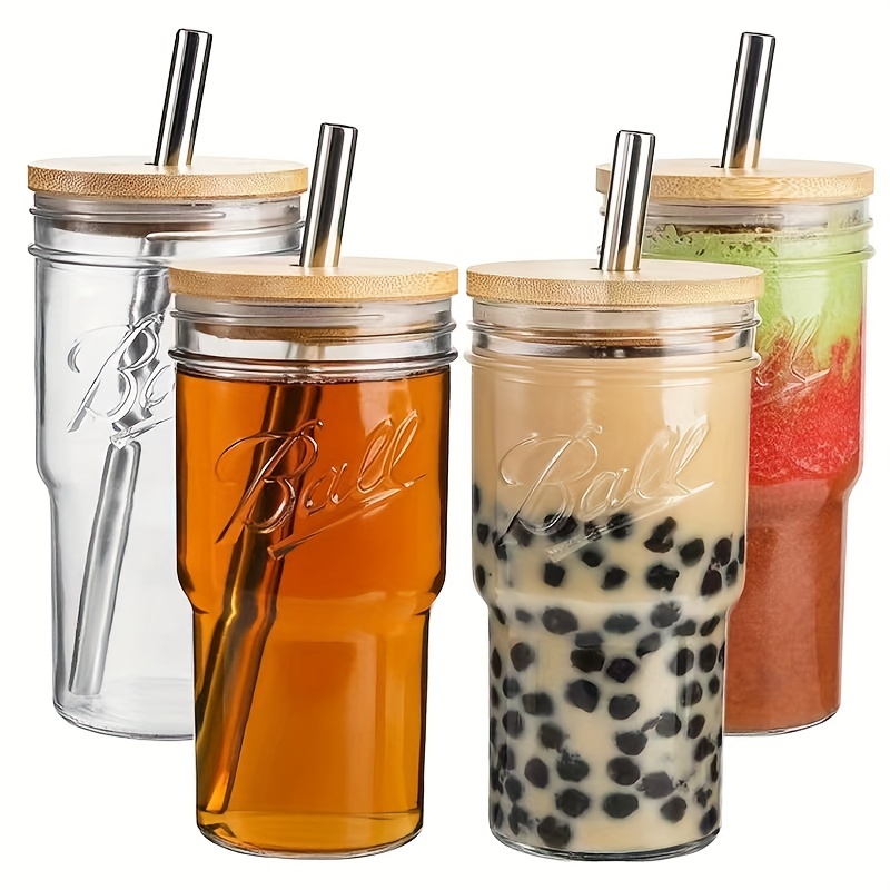 Jar with Lid and Straw, 16oz Wide Mouth Jar Drinking Glasses Tumbler, Reusable Boba Cups Travel Bottle for Iced Coffee Large Pearl Juices Cocktail