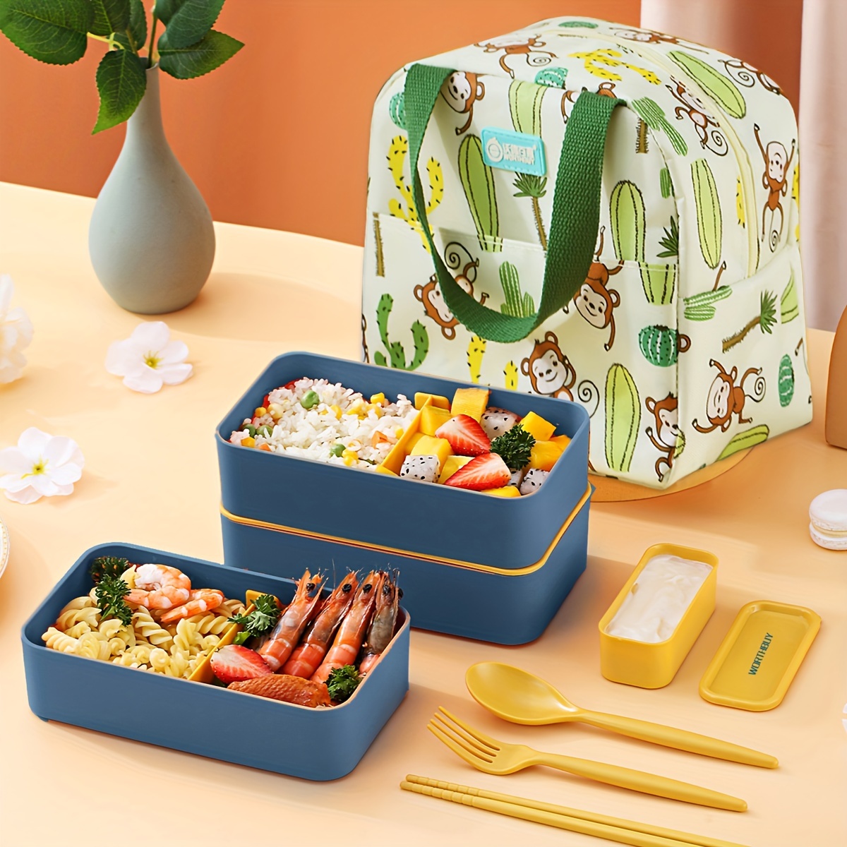 1set 800ml Three Grid Plastic Lunch Box With Bag & Utensils