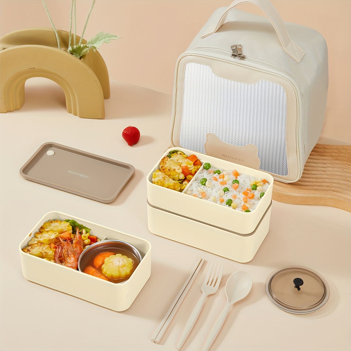 3pcs/set Portable Traveling Camping Bento Box, Microwave Safe Plastic Lunch  Box With Utensils And Insulated Bag